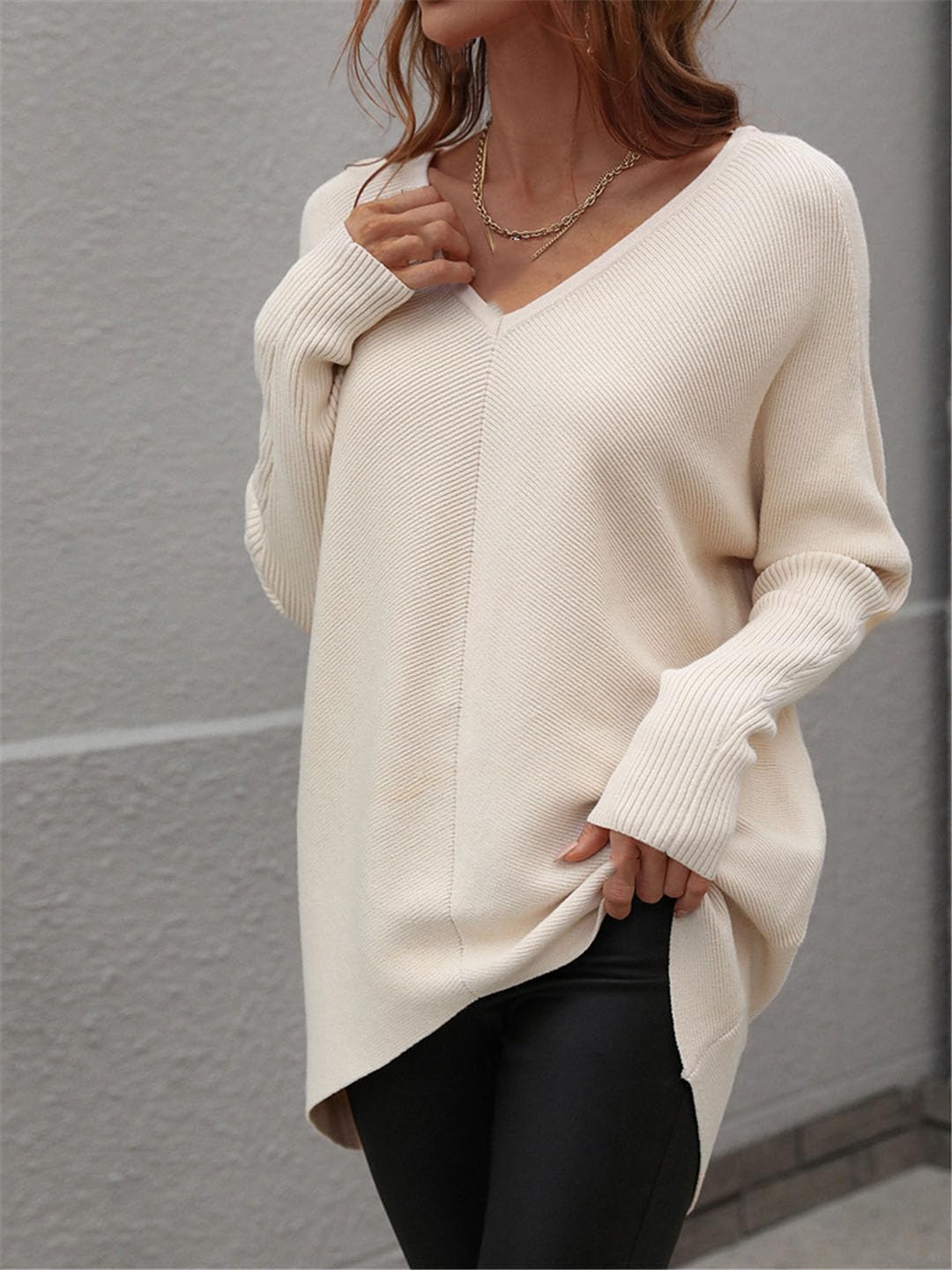 Vogrtcc Damski sweter oversize z dekoltem w serek zimowy luźny sweter z dzianiny