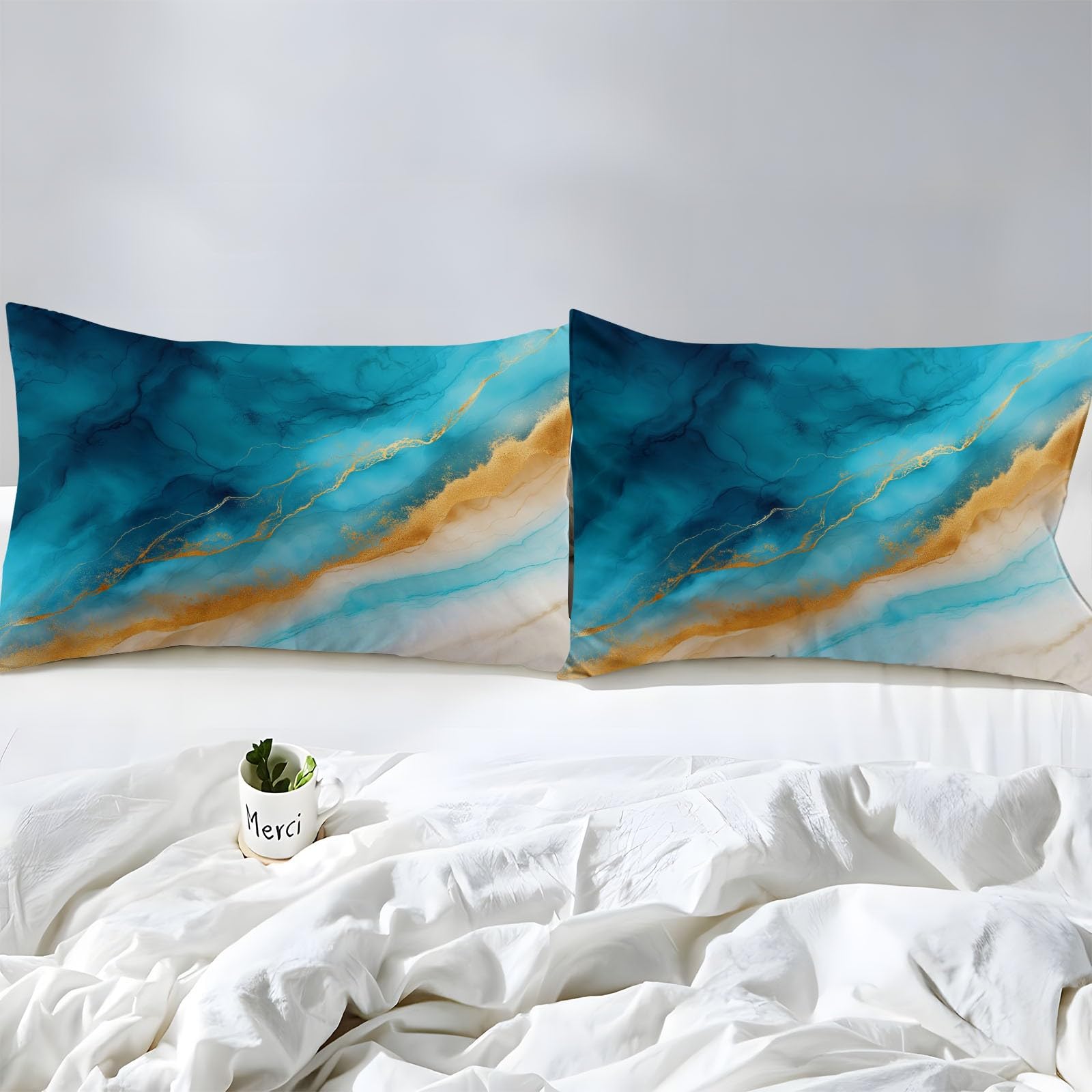 Lapis Cyan Tinte Strand Bedruckte Spannbettlaken 180 x 200 cm, Weiche Atmungsaktivem Tiefe Tasche Spannbetttuch knitterfrei bequem Marmor für Bettw Sche Matratzen bis 30 cm