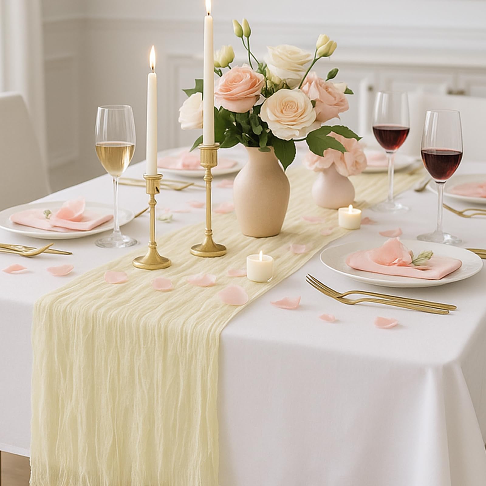 3E Home Beige Cheesecloth Table Runner,1 Pack 90x300cm Boho Gauze Cheese Cloth Runners for Weddings Baby Shower Party Birthday Dining Table Decorations