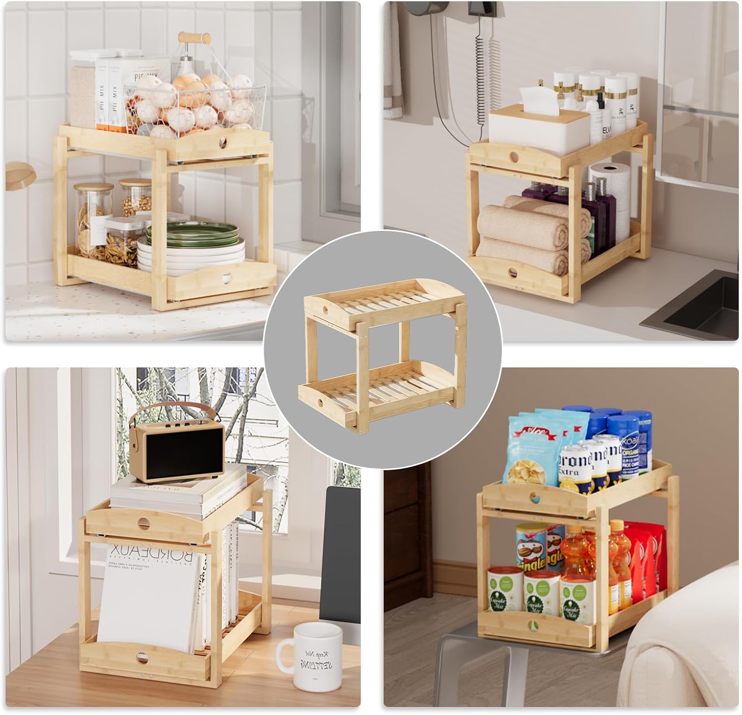 Bamboo Wood Under Sink Organizer 1 Pack, Pull Out Cabinet Organizer 2 Tier Under Sink Organizers and Storage with Sliding Drawer Sturdy Easy Assembly for Kitchen Bathroom Undersink (Nature, 2 Packs) - Image 4