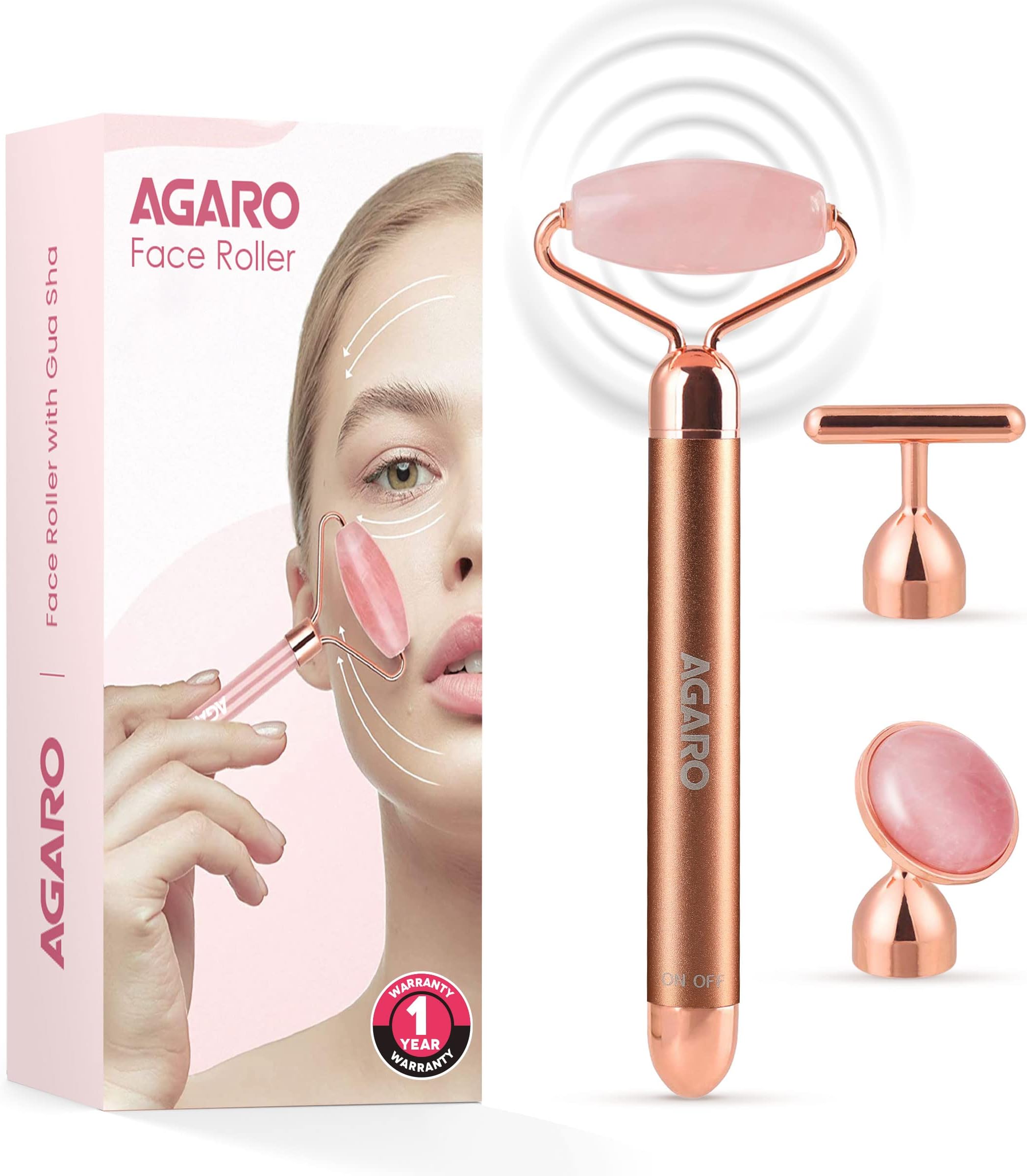 AGARO 3-In-1 Electric Rose Quartz Face Roller, Facial Roller Kit for Face, Eye, Neck, Anti-Aging Facial Massager for Anti-Wrinkles, Skin Firming and Lifting, (Rose Gold)