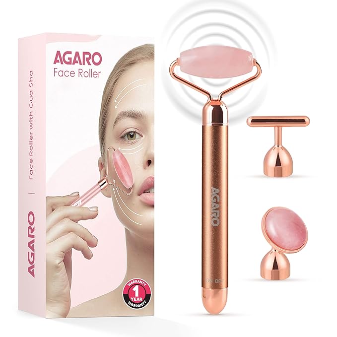 AGARO 3-In-1 Electric Rose Quartz Face Roller, Facial Roller Kit for Face, Eye, Neck, Jade Roller, Anti-Aging Facial Massager for Anti-Wrinkles, Skin Firming and Lifting, (Rose Gold)