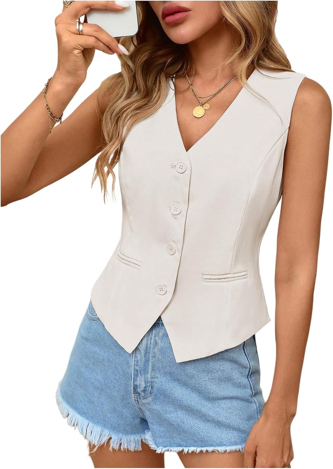 GORGLITTER Women's Vest Tops Dressy Casual V Neck Button Down Crop Tops Sleeveless Dressy Waistcoat Vest Going Out Tops Apricot Small