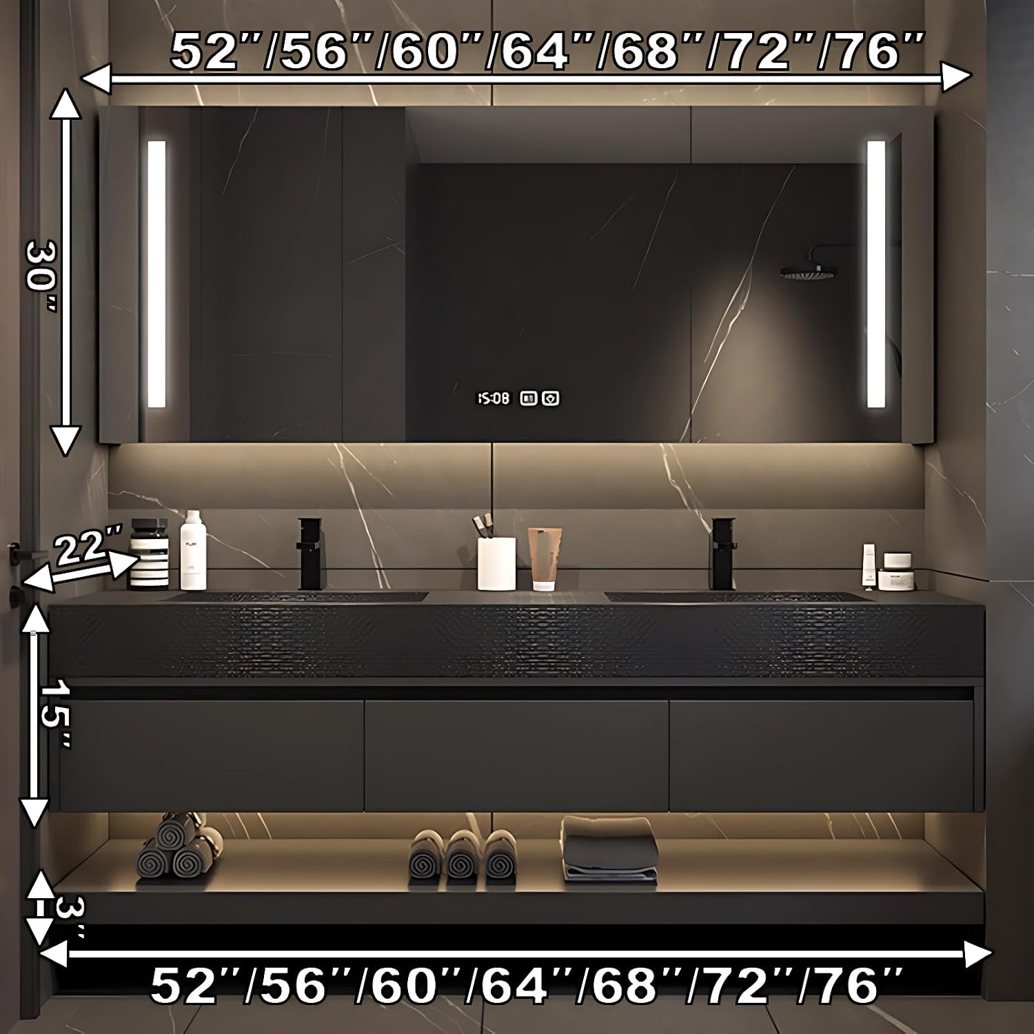 68IN Wall-Mounted Bathroom Vanity with Sink – Floating Bathroom Vanity with LED Defogging Mirror, Seamless Countertop – Waterproof Sink Cabinet, Easy Installation, Wood