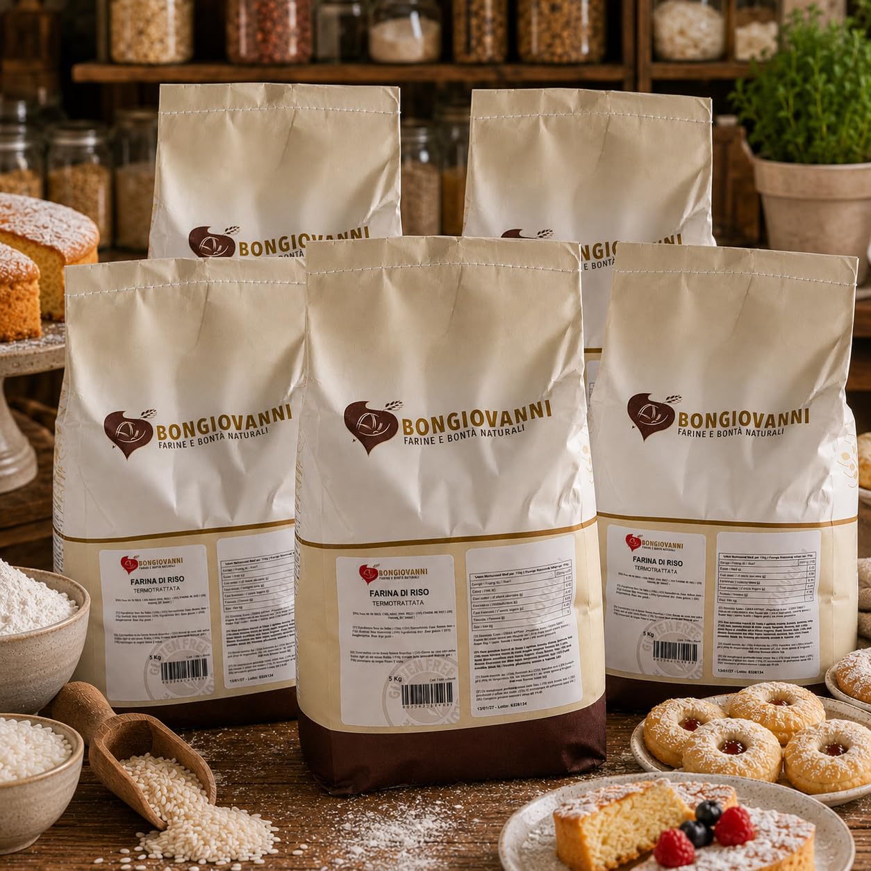 Bongiovanni Bontà Naturali Farine de Riz Traitée Thermiquement Sans Gluten Saveur Naturelle en Poudre 5 kg
