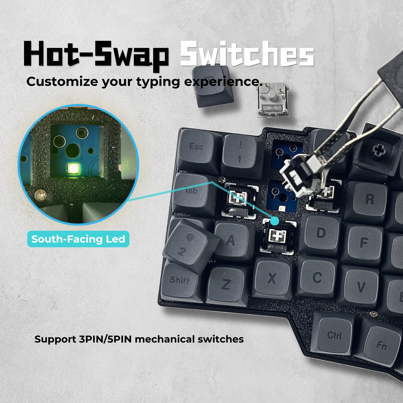 Layout angolare a 46 tasti con manopole, tastiera meccanica ergonomica cablata, 60% Orthol inear Layout, hot-swap, RGB, supporto per rimappatura fiale, interruttori lineari pre-lubrificati