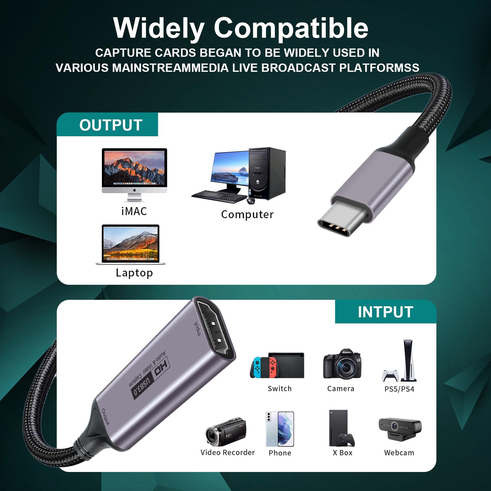 Scheda di acquisizione video, 4K HDMI a USB C 3.0, 1080P HD 60fps Live e registrazione video audio Grabber per giochi, streaming, insegnamento, videoconferenza