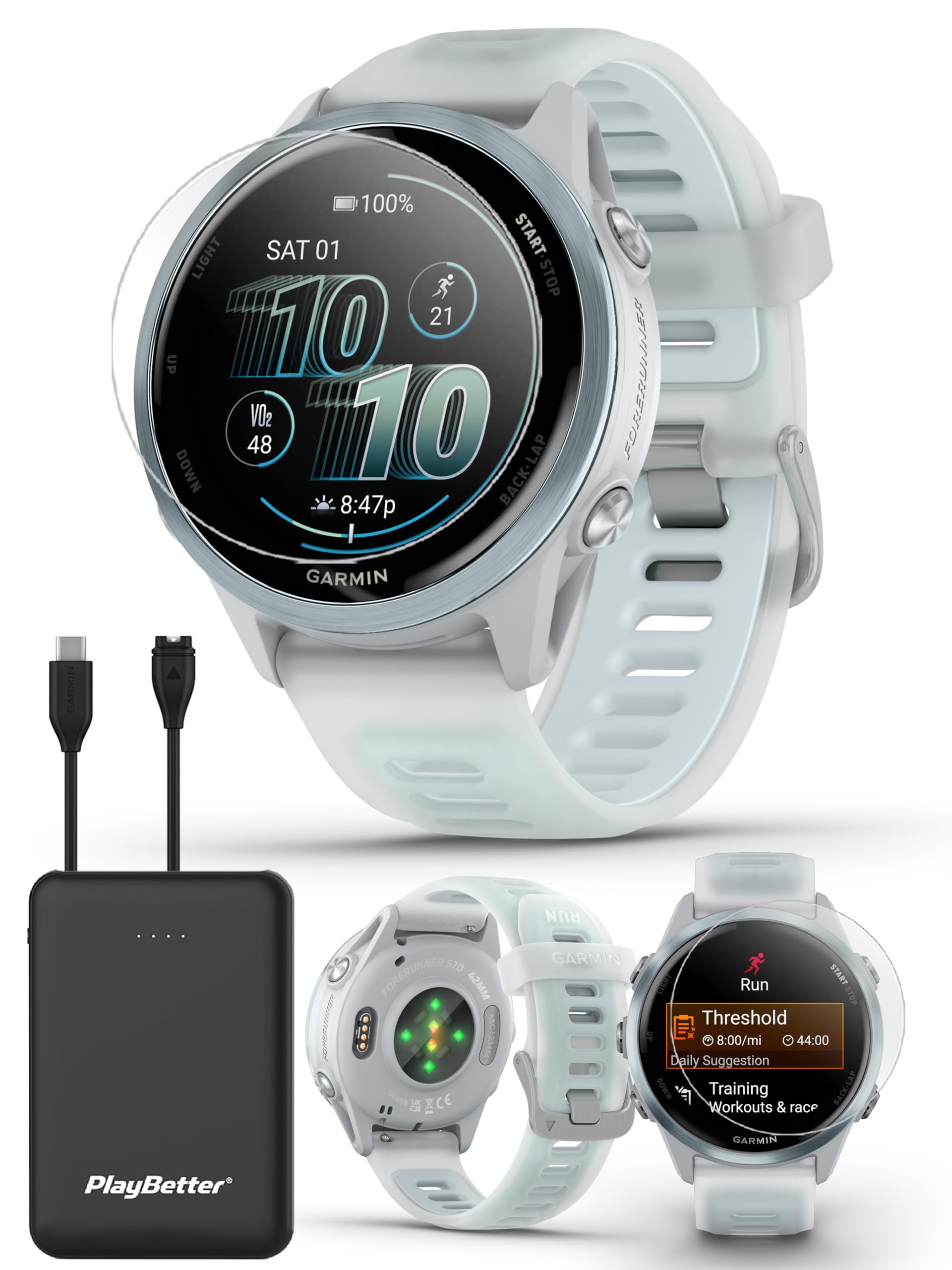 PlayBetter Garmin Forerunner 570 (42 mm, Cloud Blue/Translucent Whitestone) Running GPS Smartwatch - AMOLED Display, Training & Recovery - Bundle