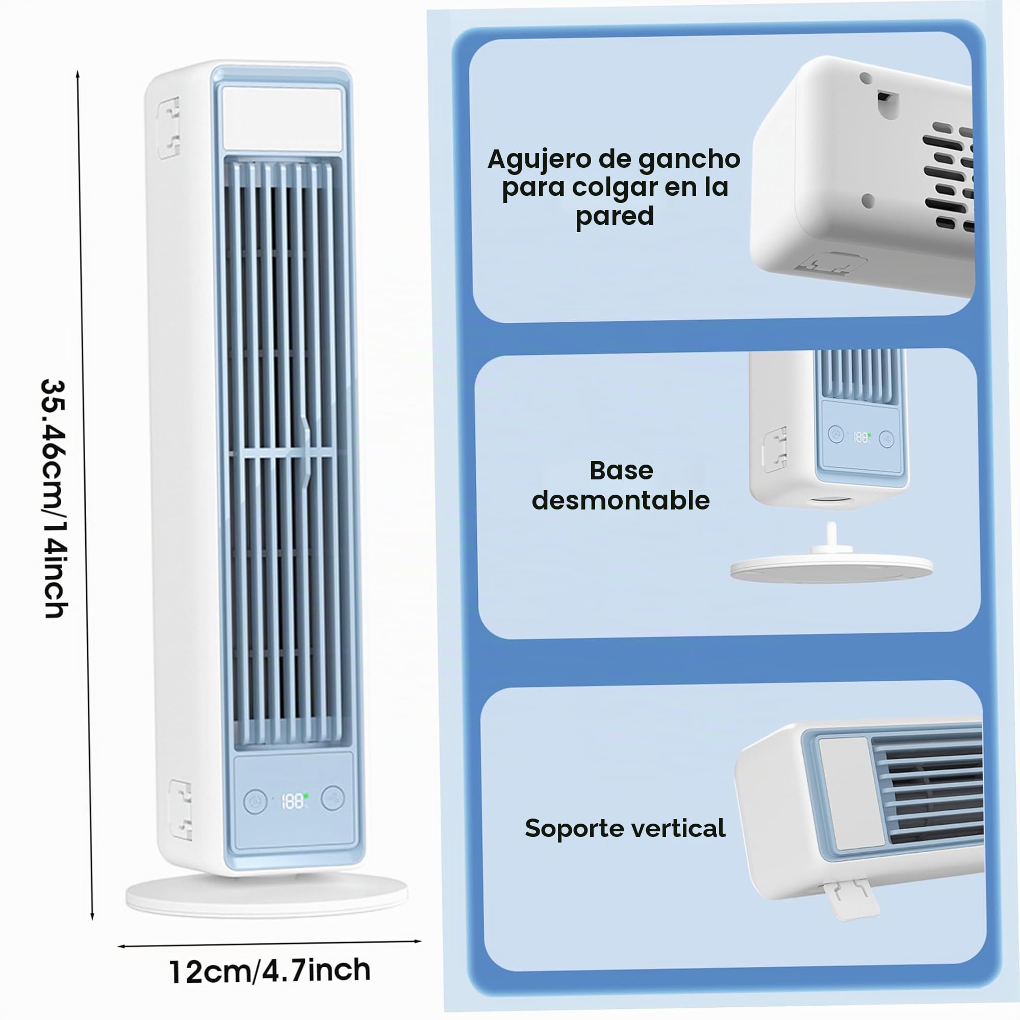 Aire acondicionado portátil pequeño: torre sin aspas con ventilador de CA de 3600 mah con control remoto, soporte/escritorio/montaje en pared 3 en 1, funcionamiento silencioso, 5 velocidades par