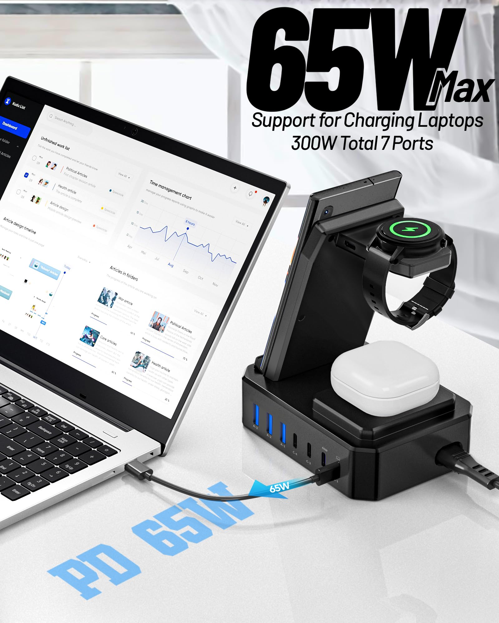 Cargador inalámbrico para Samsung, estación de carga inalámbrica 10 en 1 de 300 W, soporte de carga rápida USB C de 65 W para Samsung S25 Ultra/S24/S23/S22/Note 20, Galaxy Watch Ultra7/6/5, Galaxy