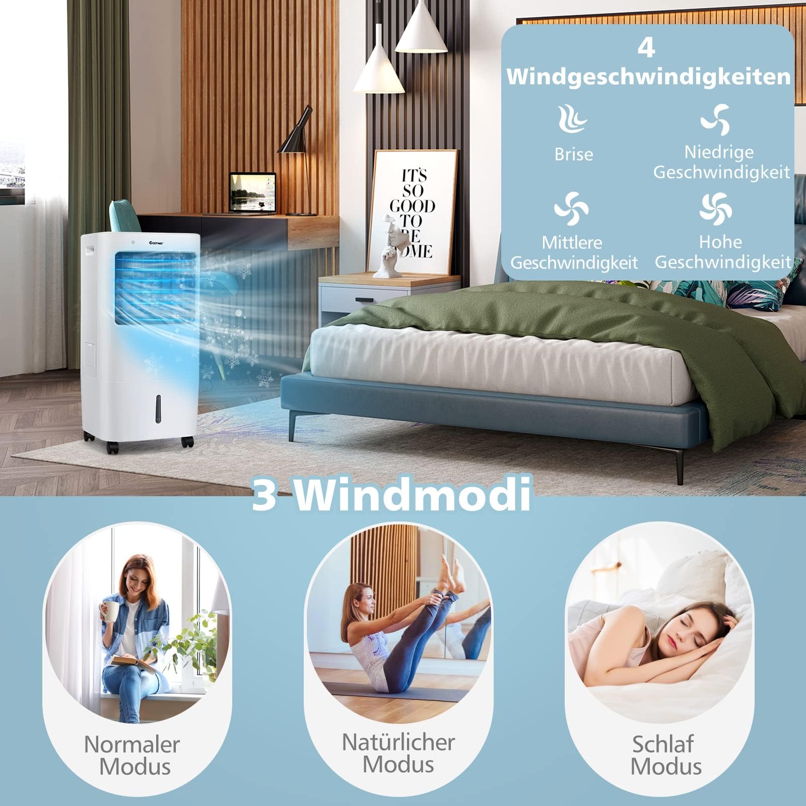 COSTWAY Mobile Klimaanlage ohne Abluftschlauch, 3 in 1 Luftkühler 65W | 3 in 1 Klimagerät Luftreiniger Luftbefeuchter / 8H Timer / 20L Tank/ Fernbedienung / 3 Stufen / Fernbedienung