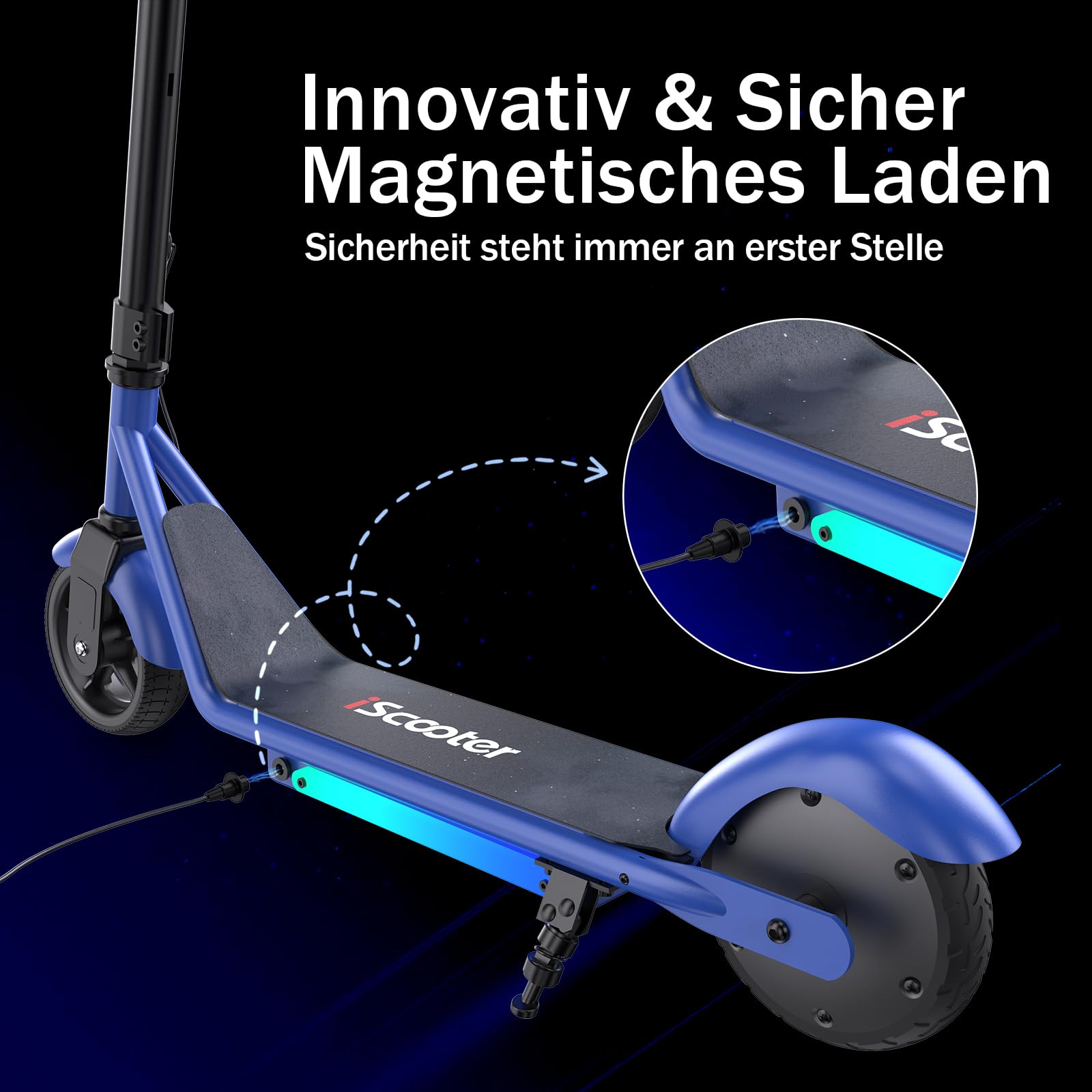 iScooter E Scooter für Kinder von 6-12 Jahren, 6" Elektroroller mit Bunte Lichter & 3 Höhenstufen einstellbar, 5.5" Leicht Kinder E Roller mit leuchtendem Vorderrad, 3/2 modi 5-16 km/h