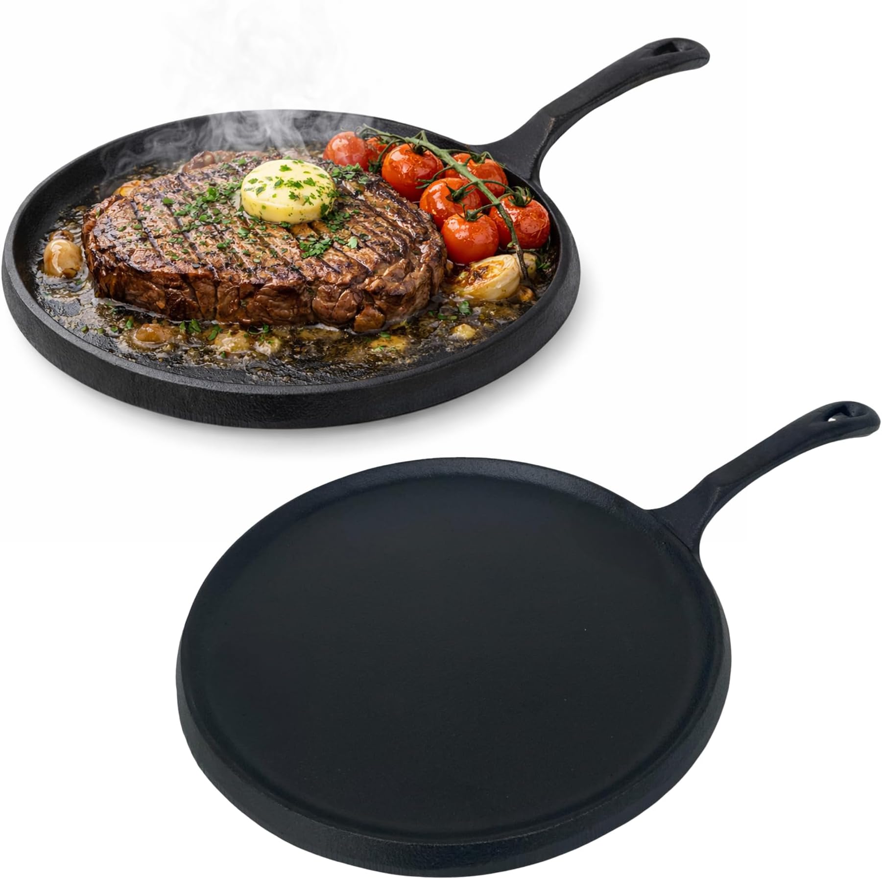10 Inch 2 Pack Round Cast Iron Sizzle Platter Pan – Heavy Duty Heat Retaining Skillet for Steaks, Fajitas & Sizzling Dishes, Oven Safe Cast Iron Pan