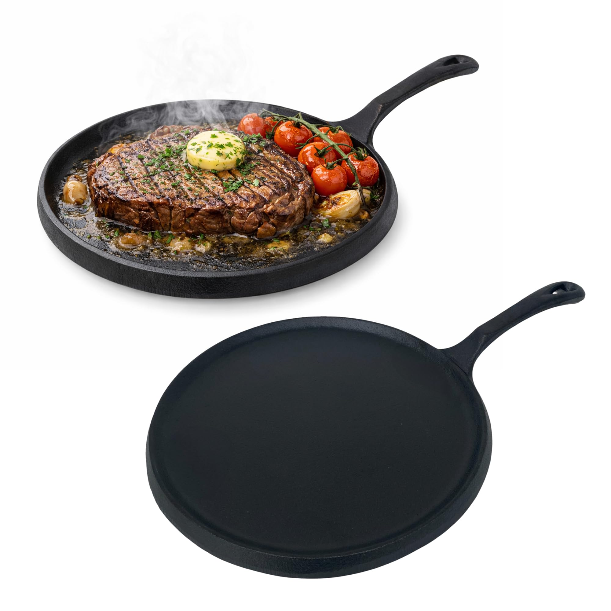 Samuel Groves 10 Inch 2 Pack Round Cast Iron Sizzle Platter Pan – Heavy Duty Heat Retaining Skillet for Steaks, Fajitas & Sizzling Dishes, Oven Safe Cast Iron Pan