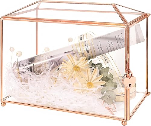 Lujosa caja de tarjetas de cristal de oro rosa de 12.6 pulgadas para boda con candado, gran tarjetero de cobre hecho a mano para movimientos