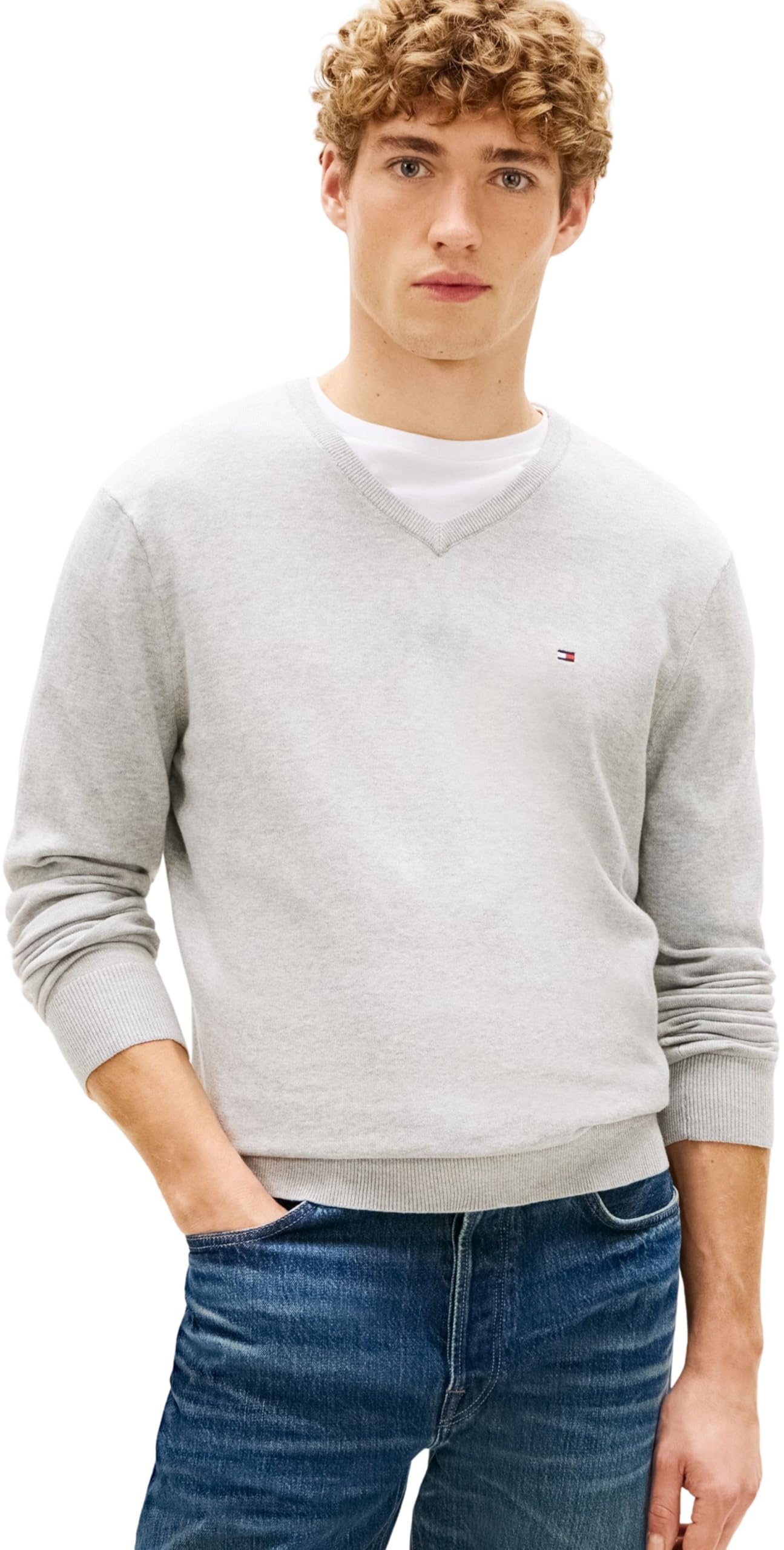Pull col en V Tommy Hilfiger gris XXL en coton pour homme élégant - 6