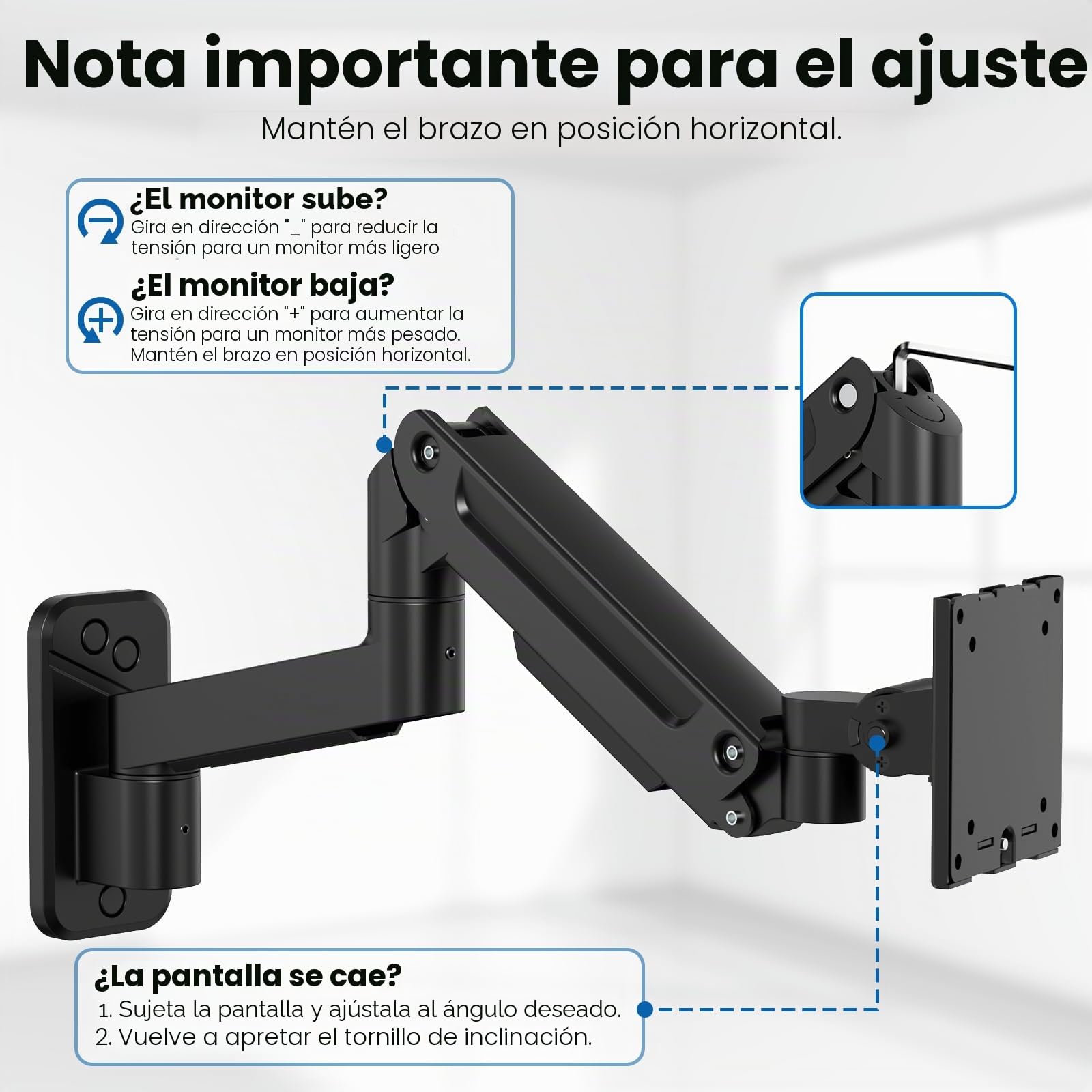 PUTORSEN Soporte Monitor Pared de 17 a 49 Pulgadas hasta 20 kg, Brazo Monitor Pared con Resorte de Gas Completamente Ajustable, Inclinación y Giro, Altura Ajustable, VESA 75/100 mm