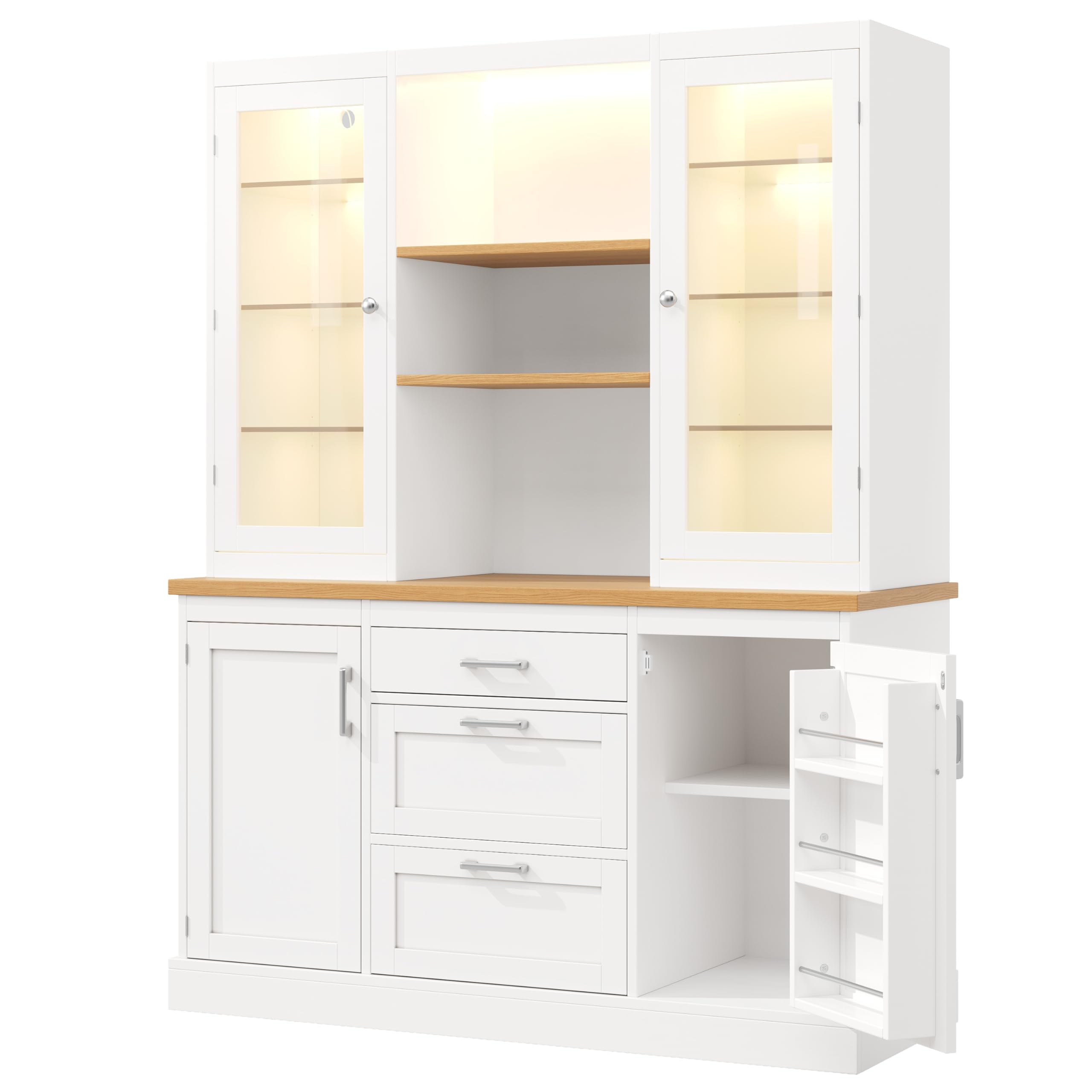 Dolamaní Credenza da cucina, 185 x 140 x 40 cm, buffet con illuminazione a LED controllata da app, ripiani regolabili, 3 cassetti, piano di lavoro (bianco)