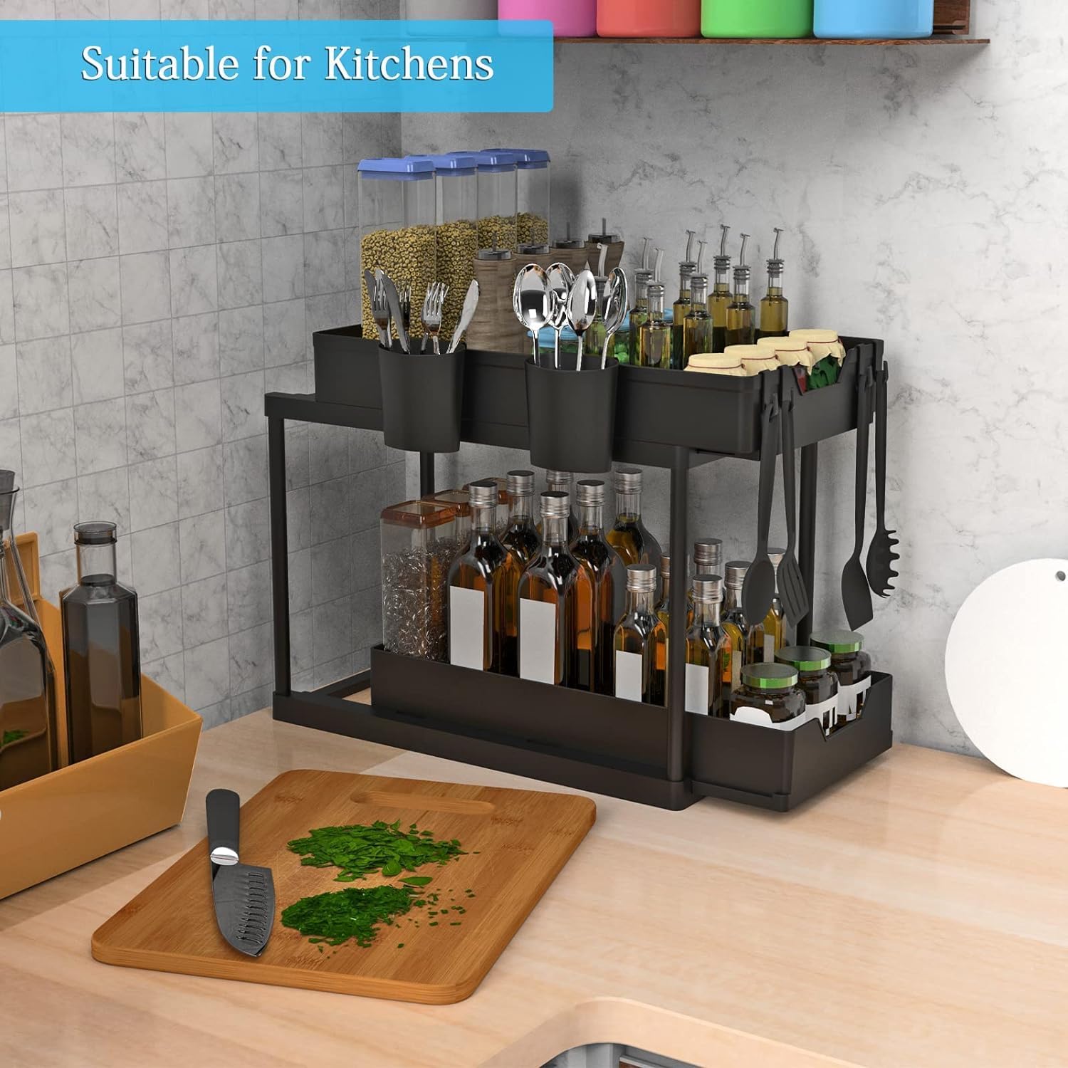 Under Sink Storage 2 Tiers, Victse Under Sink Organizer with Sliding Storage Drawer with 4 Hooks and 2 Hanging Basket for Home Bathroom