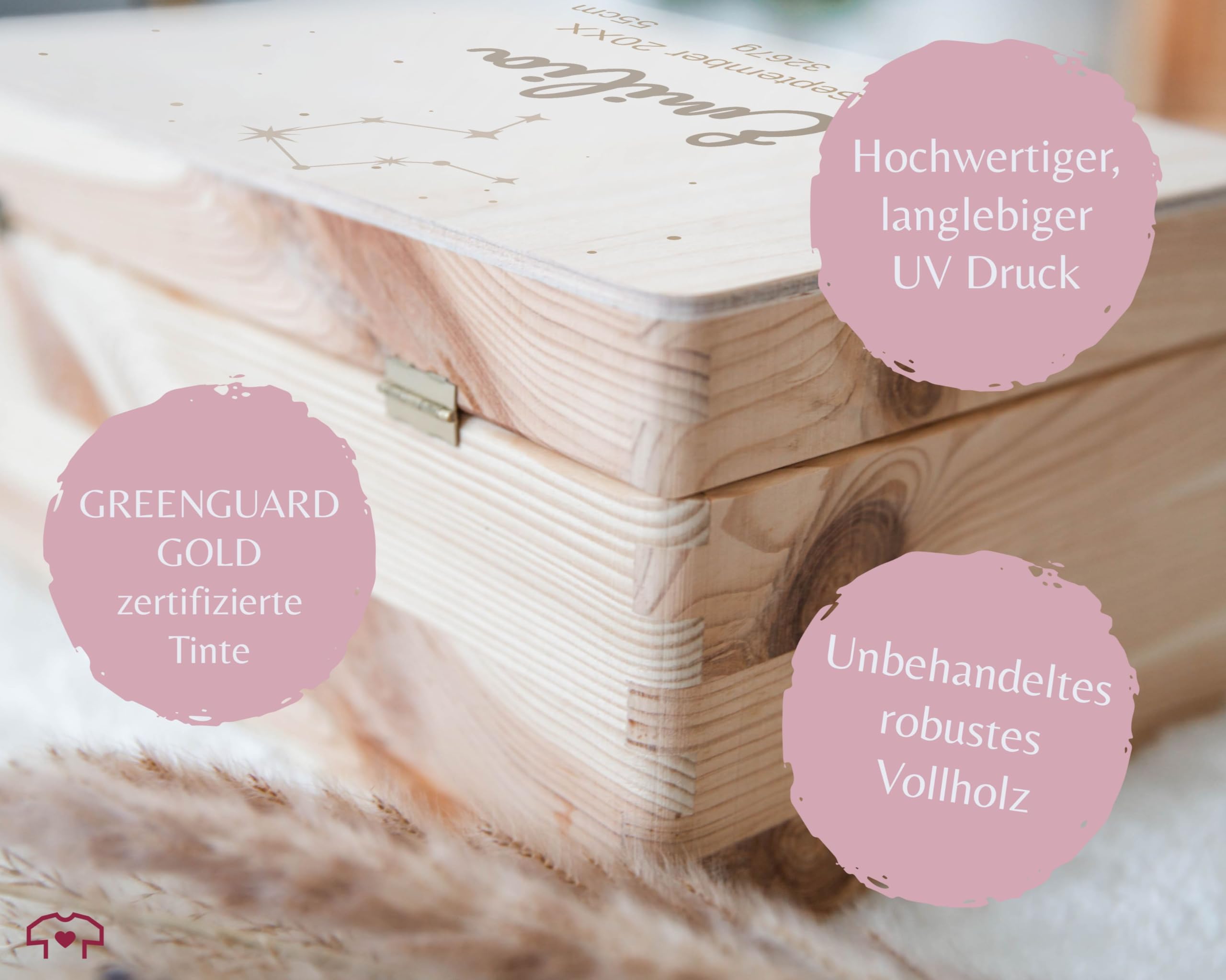Holz Erinnerungsbox Geschenkbox Holzkiste - Zur Geburt - Sternzeichen mit Datum und Geburtsdaten - personalisiert Baby Geschenk Deko - 30 x 20 x 14 - Holz - babygeschenke erinnerungskiste
