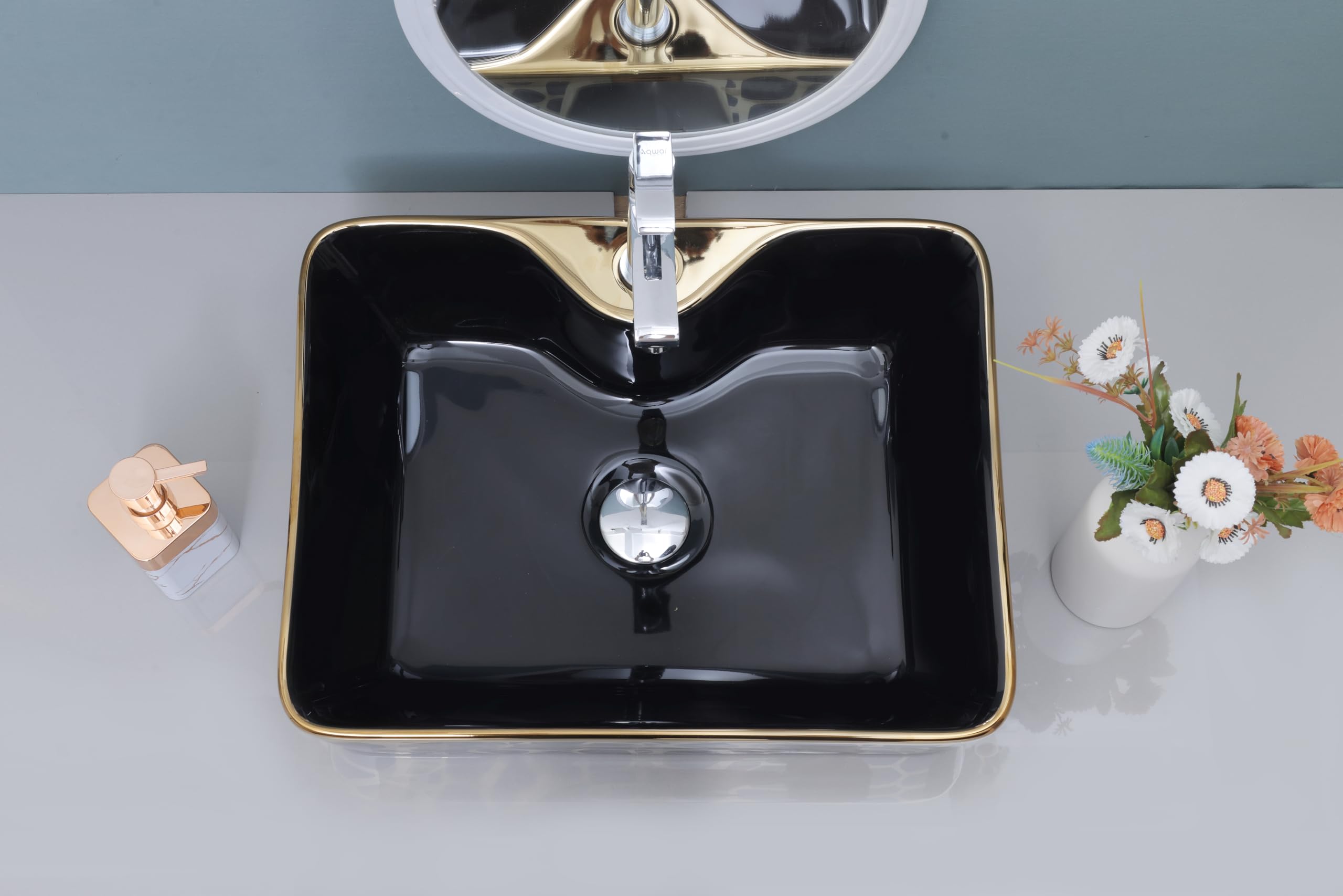 HISRE Table Top Designer Wash Basin Square Counter Top/Over Counter Wash Basin/Vessel Sink Glossy Finish For Bathroom & Living Room 19 X 14 X 5 Inches (Black Only Basin) (Model - G1113), photo 4 of 4
