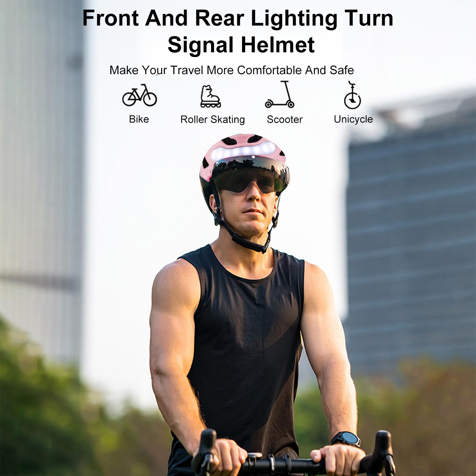 POENVFPO Casco de Bicicleta Inteligente, Casco de Ciclismo LED con Luces Delanteras y Traseras, Visera Antivaho para Seguridad en Conducción Nocturna y Desplazamientos