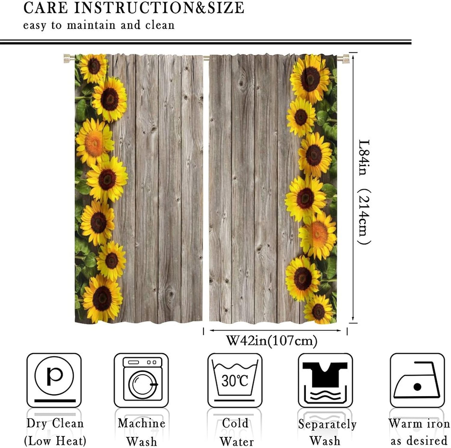 60% Off Discount GY Sunflower and Wooden Board Blackout Window Curtains for Bedroom Living Room Girls Kids Room 85x85inch(214x214cm)