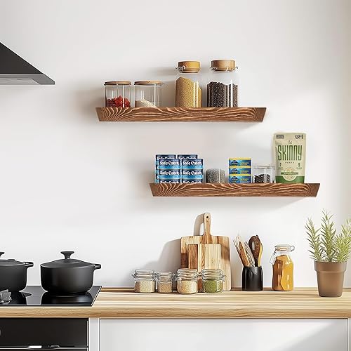 Miniatura 9 de Paquete de 2 estantes flotantes inclinados de 24 x 6.8 x 1.6 pulgadas, acabado marrón rústico, diseño de madera maciza resistente con soportes