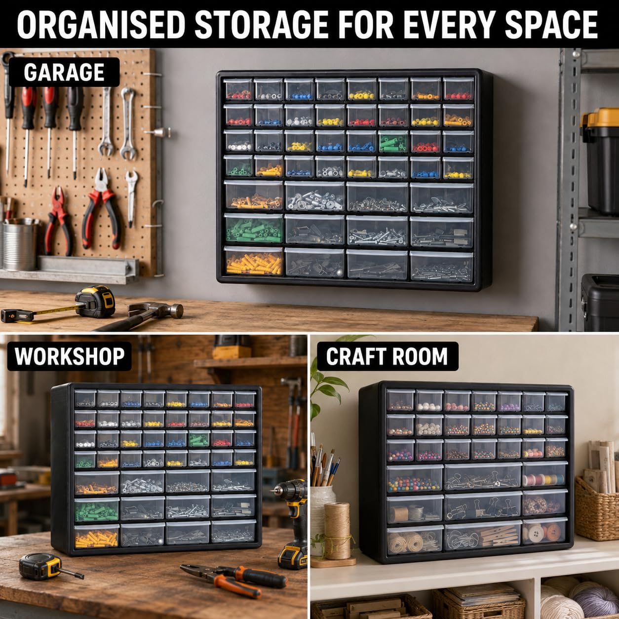 CraftGenes Schrauben-Aufbewahrungs-Organizer – 44-Schubladen Garage & Werkstatt-Box mit verstellbaren Trennwänden, wandmontierbarer Werkzeug-Aufbewahrungs-Organizer (Schwarz)