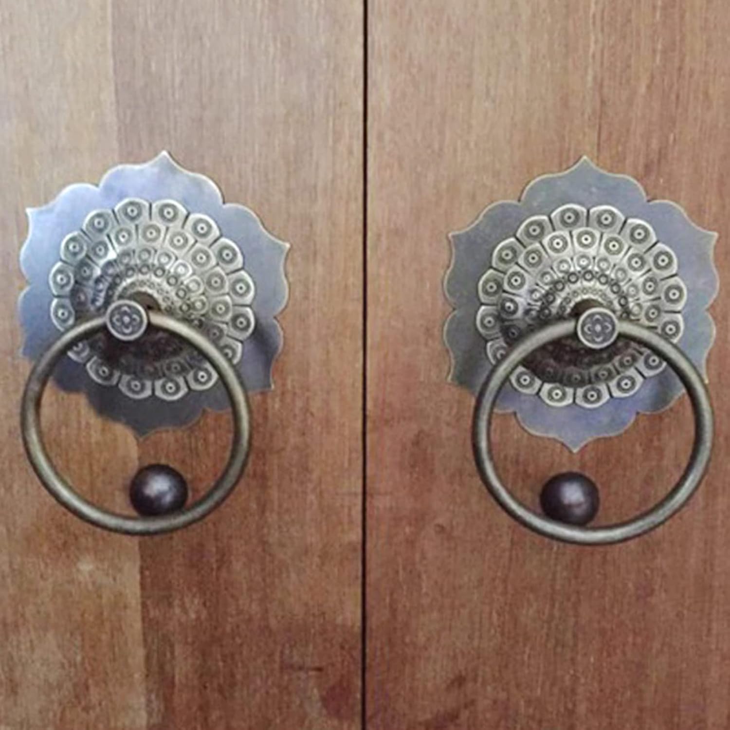 Door Knocker,1 Pair Antique Ring Door Knocker, Flower-Shaped Brass Door Knockers, Retro Bronze Anti- Door Handle for Courtyard Wood Front Door Porch, Home Decor Accessories