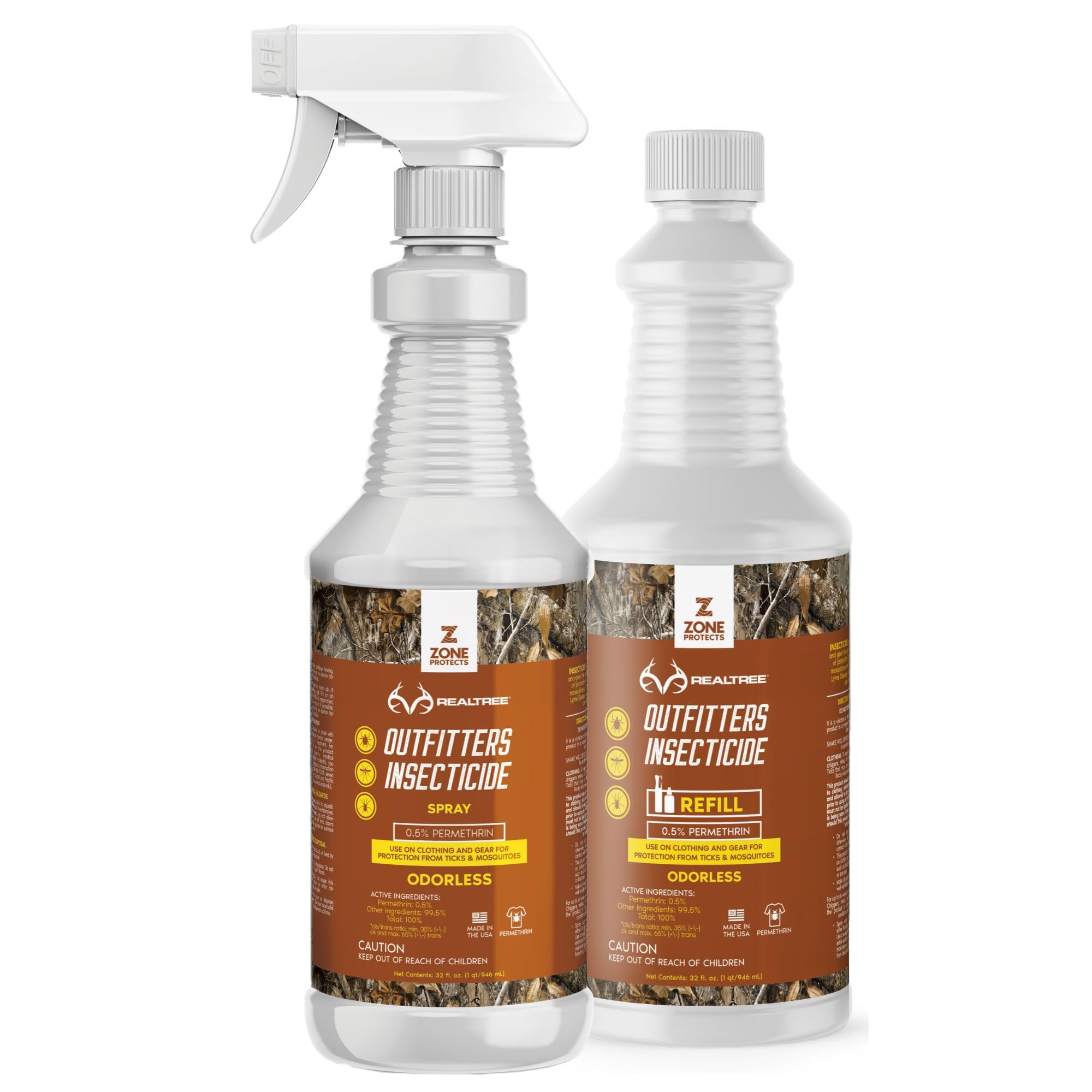 Zone Realtree Outfitters Permethrin Insecticide Spray and Refill Bundle - 32oz Spray and 32oz Refill, Controls Ticks, Mosquitoes, Chiggers on Clothing, Boots, and Gear