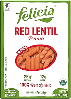 Felicia Gluten Free Pasta, Red Lentil Penne, 26G Protein per Serving, Or...