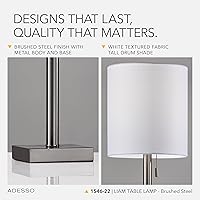 Vista 5 de Adesso 1546-22 Liam Lámpara de mesa, 22 in., 60 W incandescente/13 W CFL, acero cepillado/blanco, 1 lámpara de acero