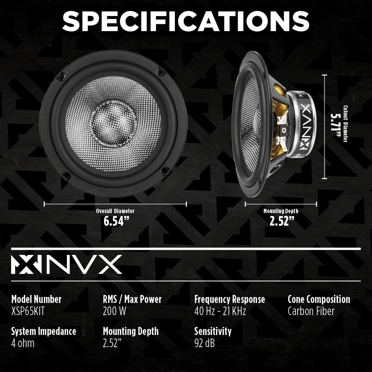 NVX® XSP65KIT 6.5" Car Speakers, 600W Max, 200W RMS, 2-Way 6-1/2 inch Component System w/ 1" Silk Dome Tweeters & Passive X-Overs, Easy to Install in Cars/Trucks/Doors (Pair)