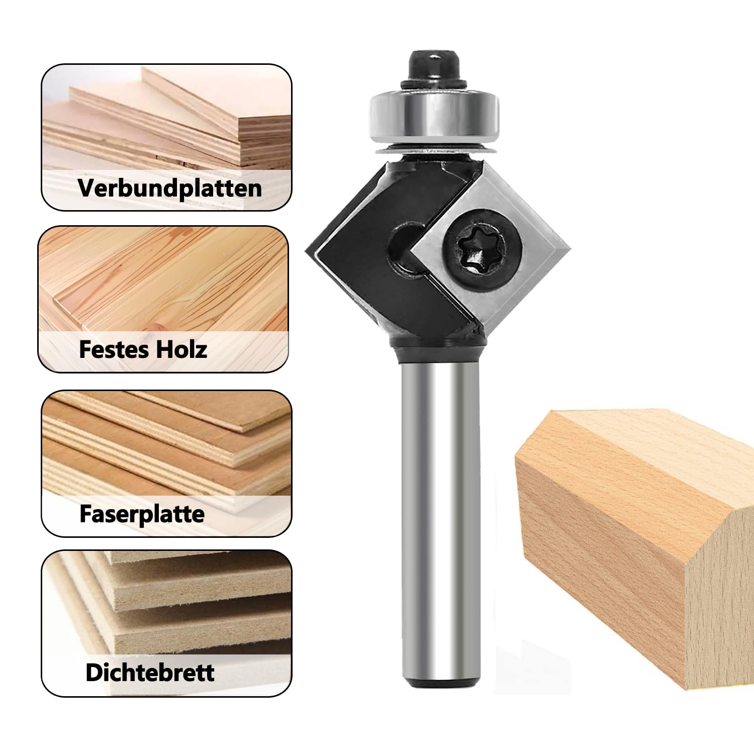 Fresa de biselado de 8 mm, hoja de metal duro intercambiable de 4 lados, fresadora de biselado para fresadora superior con rodamientos, fresa de madera de 45 grados para mecanizado de cantos