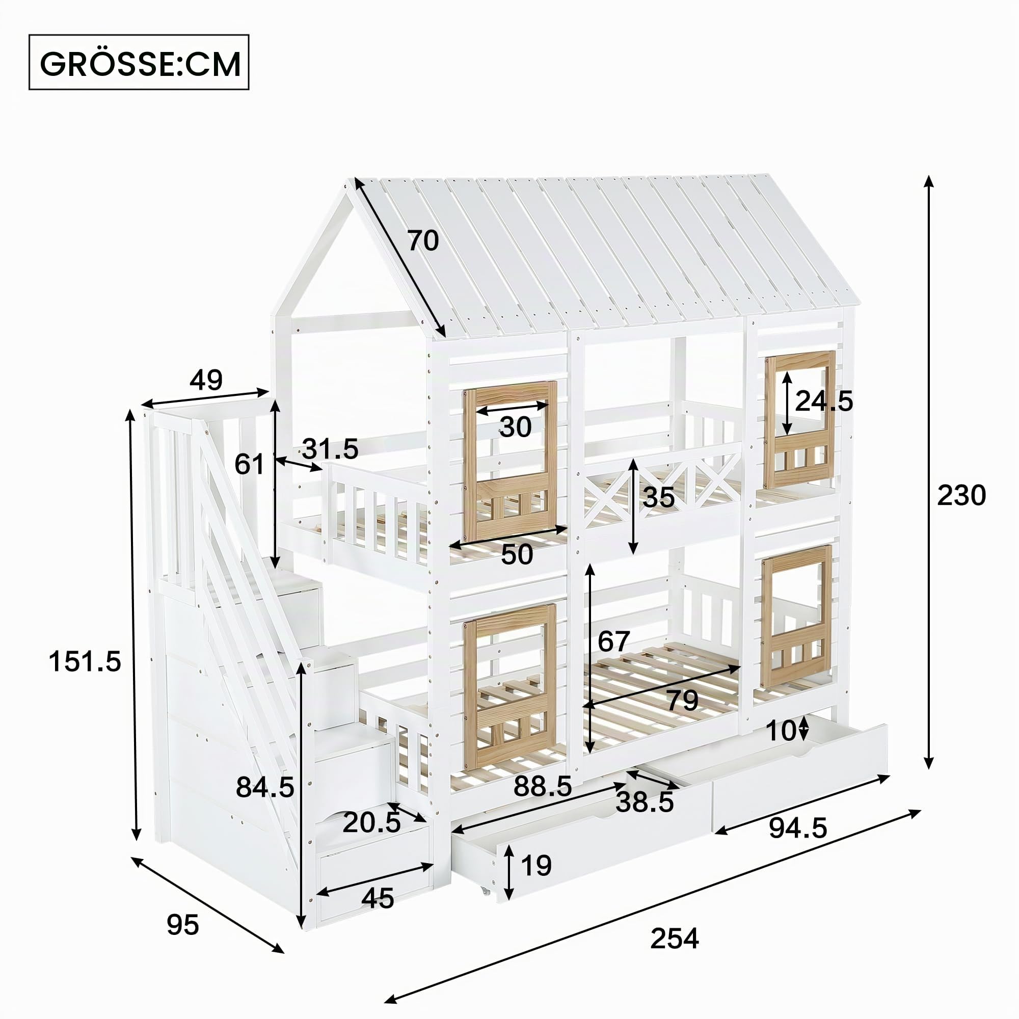 Etagenbett, Kinderbett, Mit farblich abgesetztem Fallschutzgitter, mit Fenster, Zwei Schubladen mit Rollen, Treppe mit 4 Ablagefächern, 90x200cm