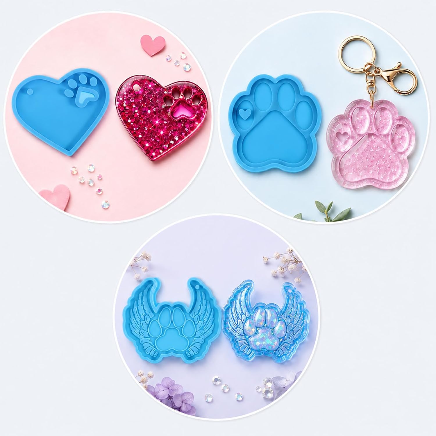 Thinp 3 Pcs Resin Keychain Molds Cute Dog Paw Print Silicone Mold | Silicone Molds for Crafts DIY Keychain Necklace Pendant Dog Tag Jewelry Making Epoxy Resin Casting Tools