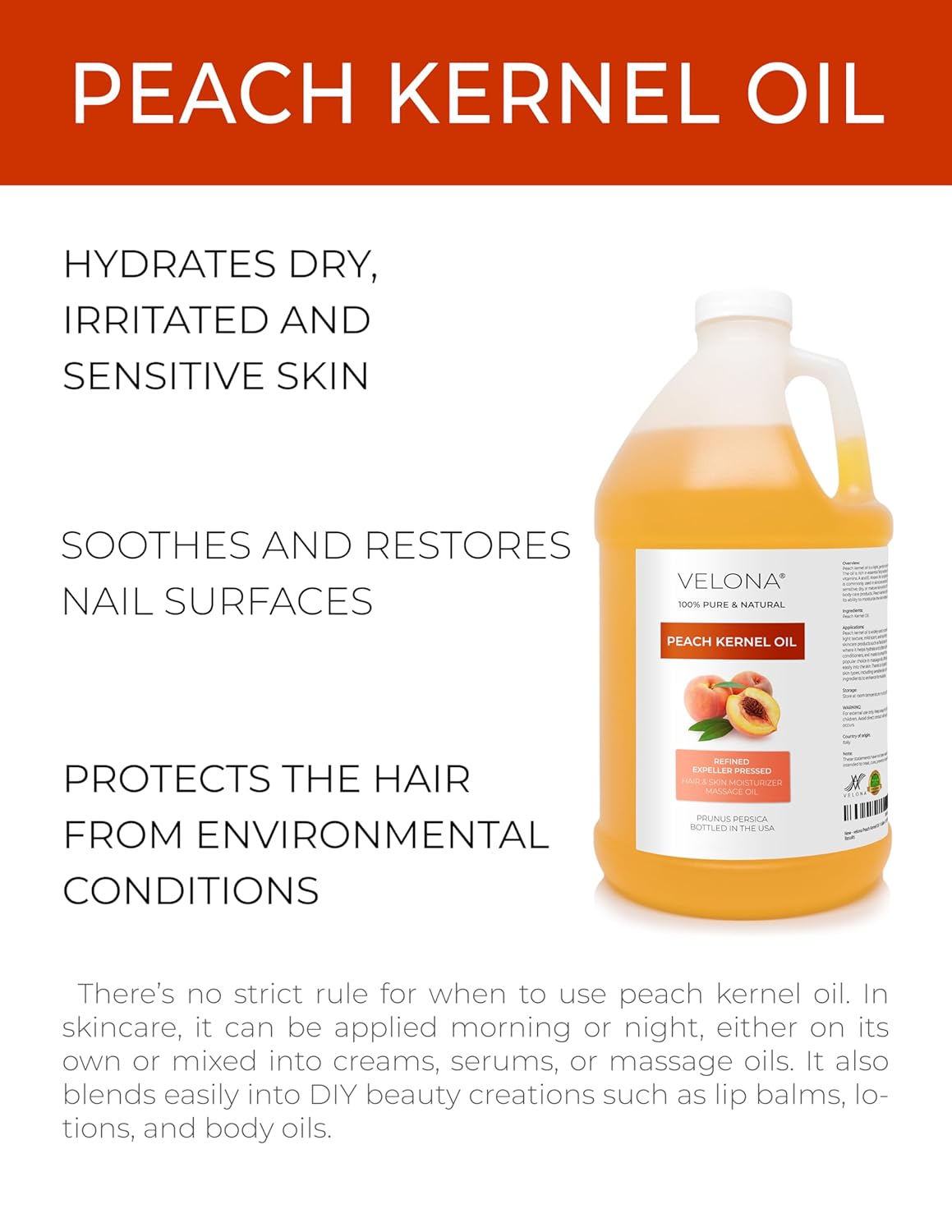 velona Peach Kernel Oil 64 Fl Oz | 100% Pure and Natural Carrier Oil | Refined | Cooking, Skin, Hair, Body & Face Moisturizing | Use Today - Enjoy Results