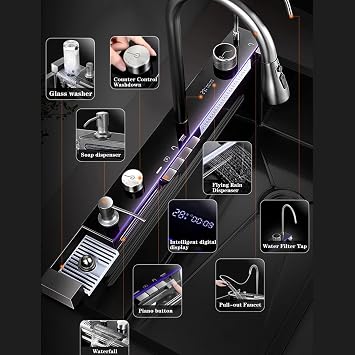 Kitchen sink double waterfall sink with LED display with cup washer, soap dispenser, waterfall mixer, worktop controller, etc. workstation kitchen sink (Gun grey, 26.8 * 18.1 * 8.7 IN)