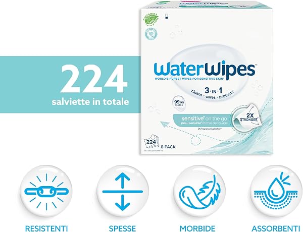 WaterWipes On The Go, 224 Salviette (8 Confezioni), Salviette Umidificate al 99.9% a base di Acqua, Ideali per Viaggi, Progettate per Viso e Corpo - 2