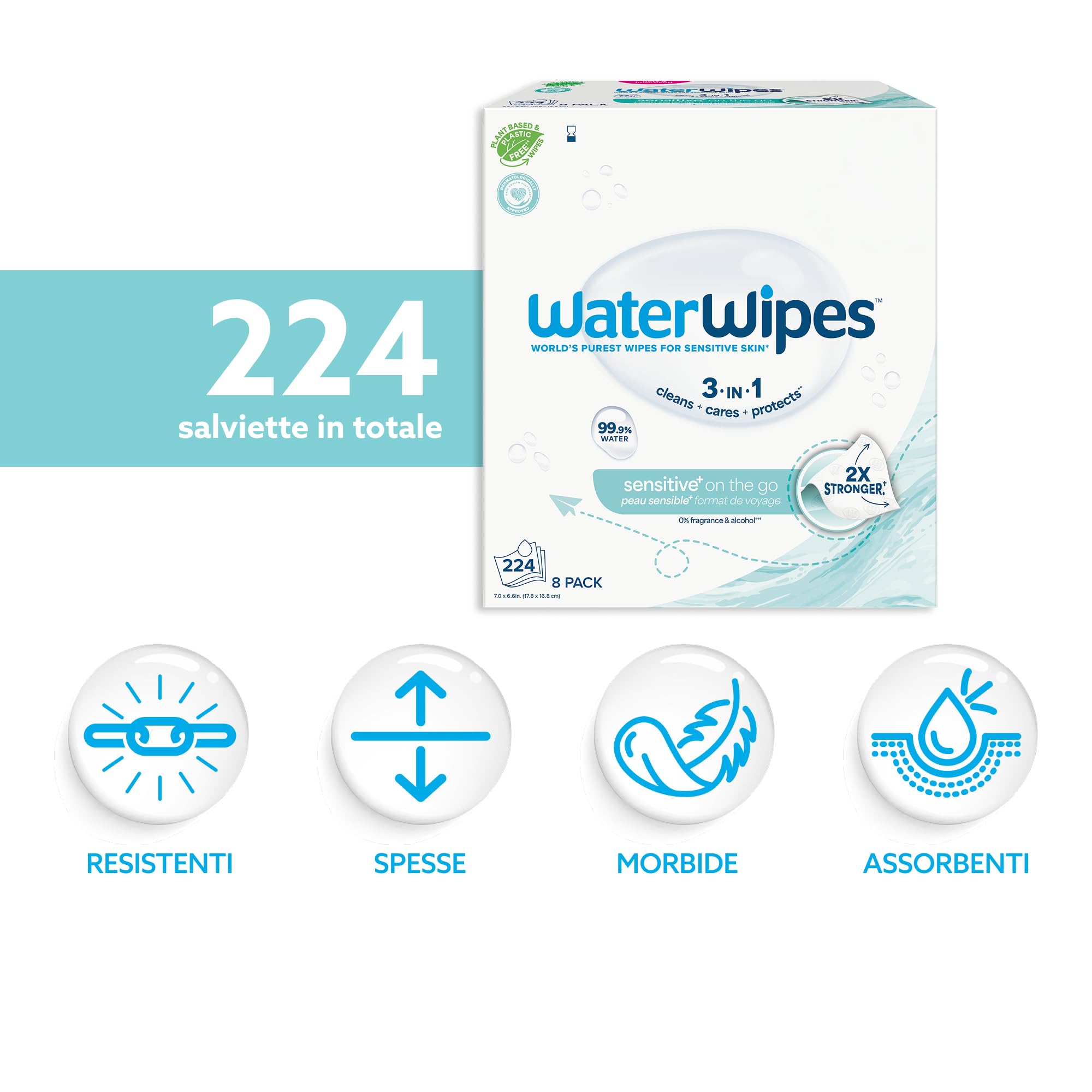 WaterWipes On The Go 224 Salviette Salviette Umidificate 99.9% Acqua per Viso e Corpo