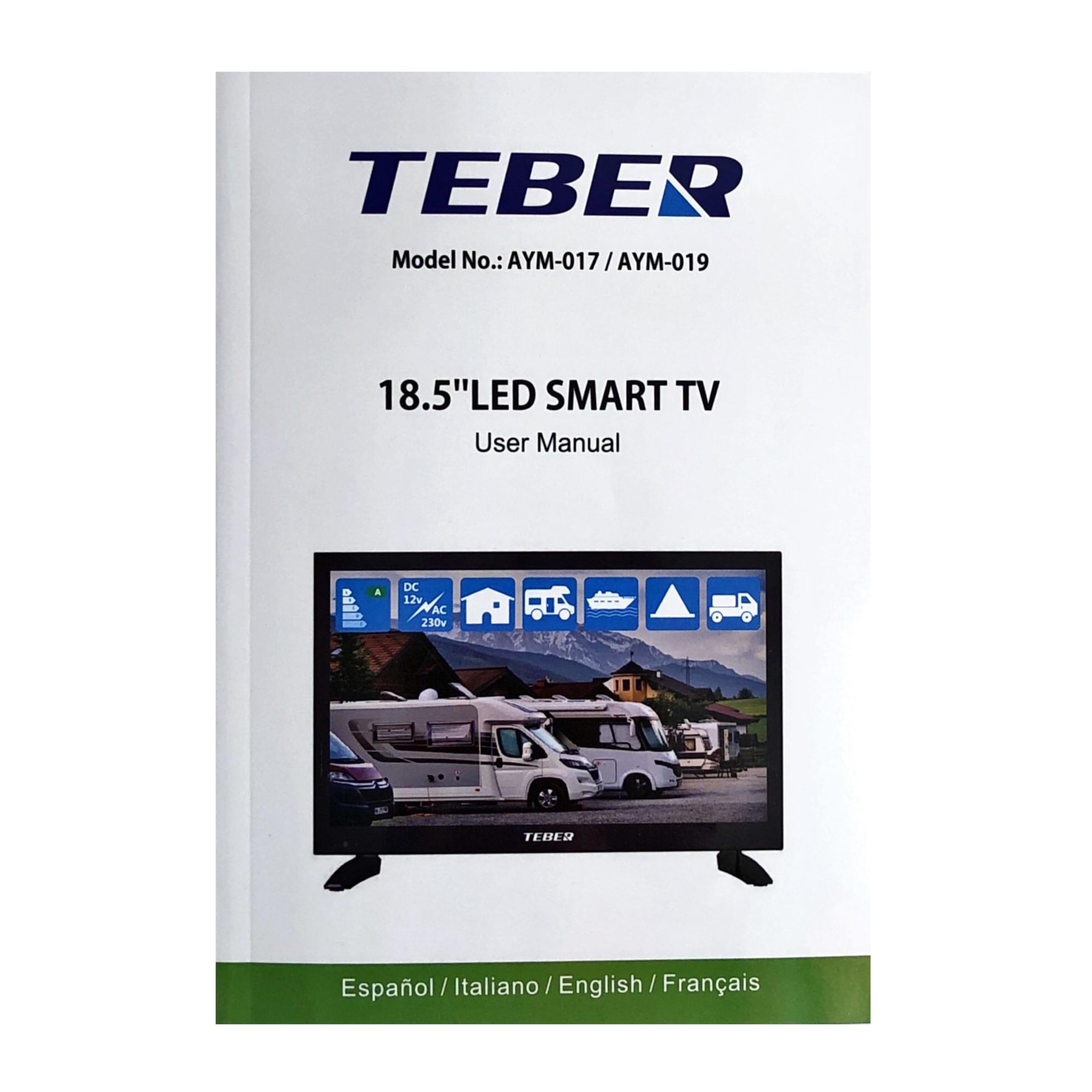 TEBER. Smart TV de 18,5 Pulgadas - 12v/24v/230v - Android 11 - Full HD. Gran resolución 1920x1080. DVB-S2/C/T2/T. para autocaravanas, cocinas, dormitorios, Campers, Barcos, Camiones (19").