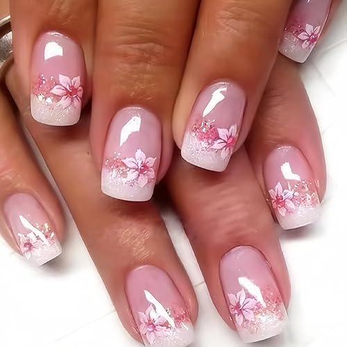 24pcs Summer Press-on Nails: French Tip, Pink Flower & Glitter