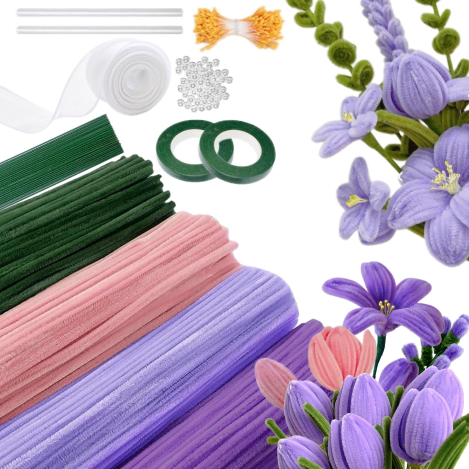 Siocok Purple Kit Pipe Cleaners Craft Kit 400Pcs, Flexible Pipecleaners For Tulip Bouquets, Pastel Chenille Stems For Diy Art Projects Gift, With Flower Stems, Stamens, Beads, Floral Tape & Ribbon For Diy (Purple Kit)