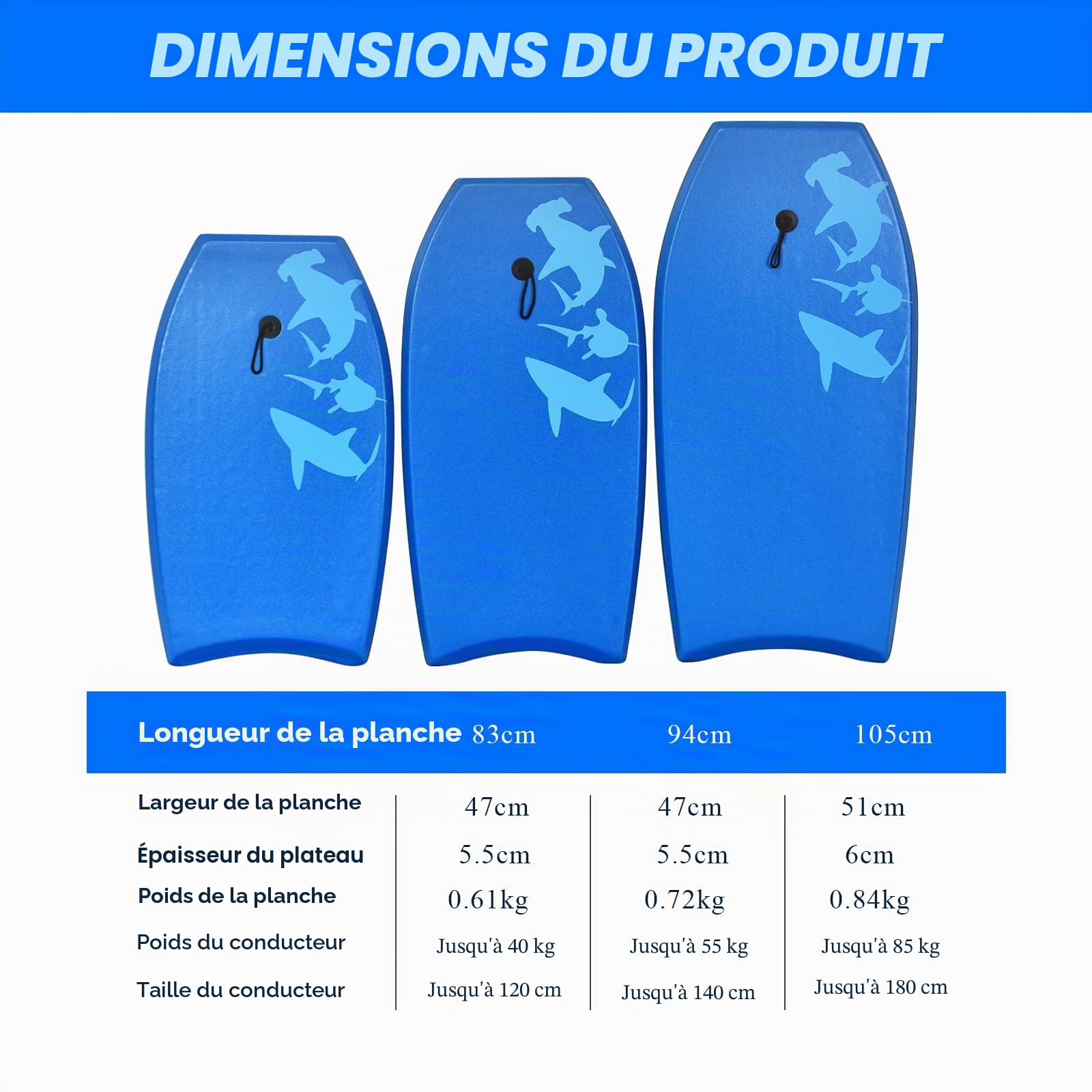 HOMASIS Planche de Surf antidérapante en XPE et polyéthylène Haute densité avec imprimé Requin - Planche de Surf Portable pour Enfants et Adultes