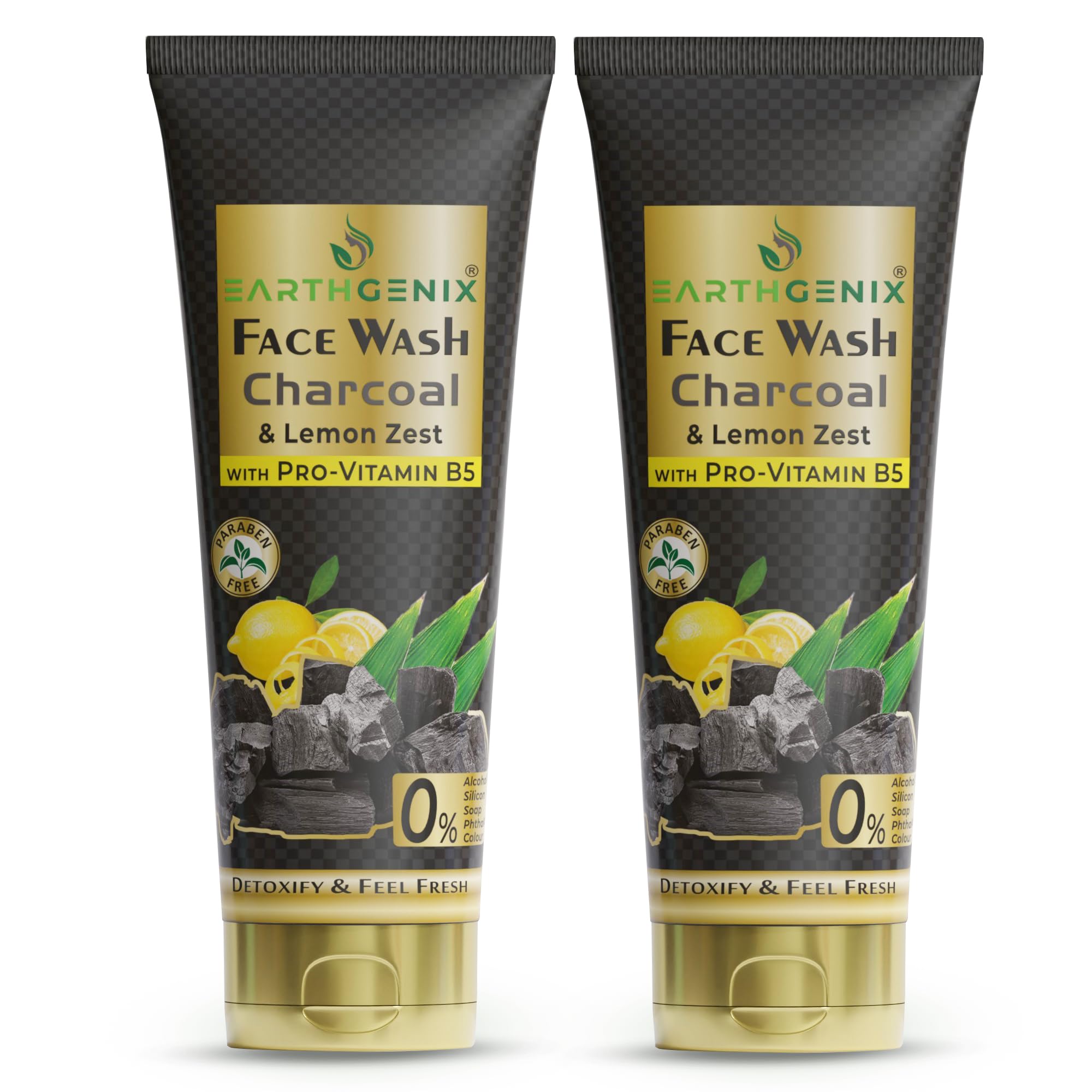 Earthgenix Charcoal & Lemon Zest Face Wash with Pro-Vitamin B5 (100ml)(Pack of 2), For Detoxify & Feel Fresh, For Men and Women