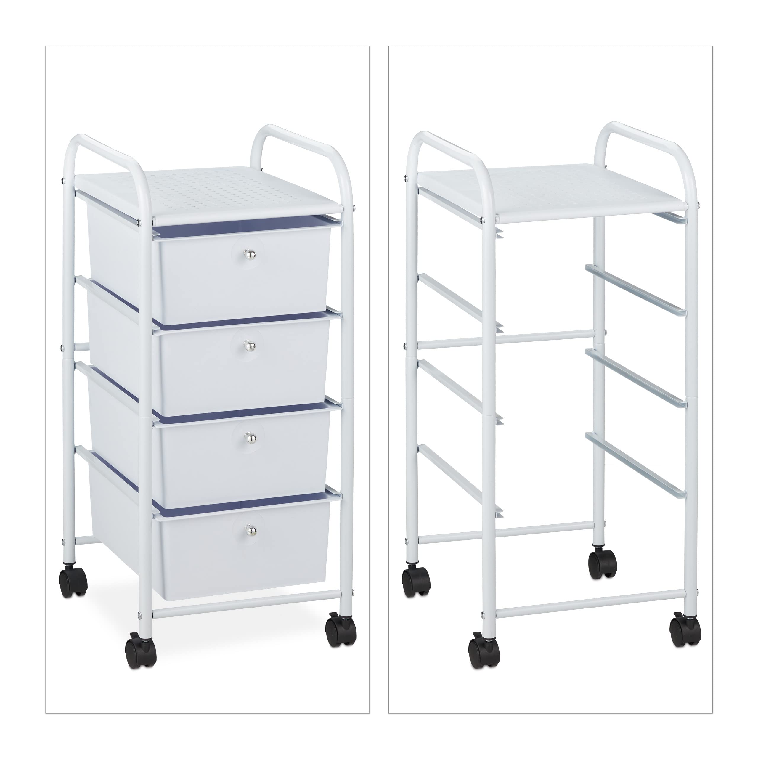 Relaxdays Carrito Auxiliar, 4 Cajones, Metal y Plástico, Carro con Ruedas para Baño, Cosméticos, 74 x 33 x 39 cm, Blanco