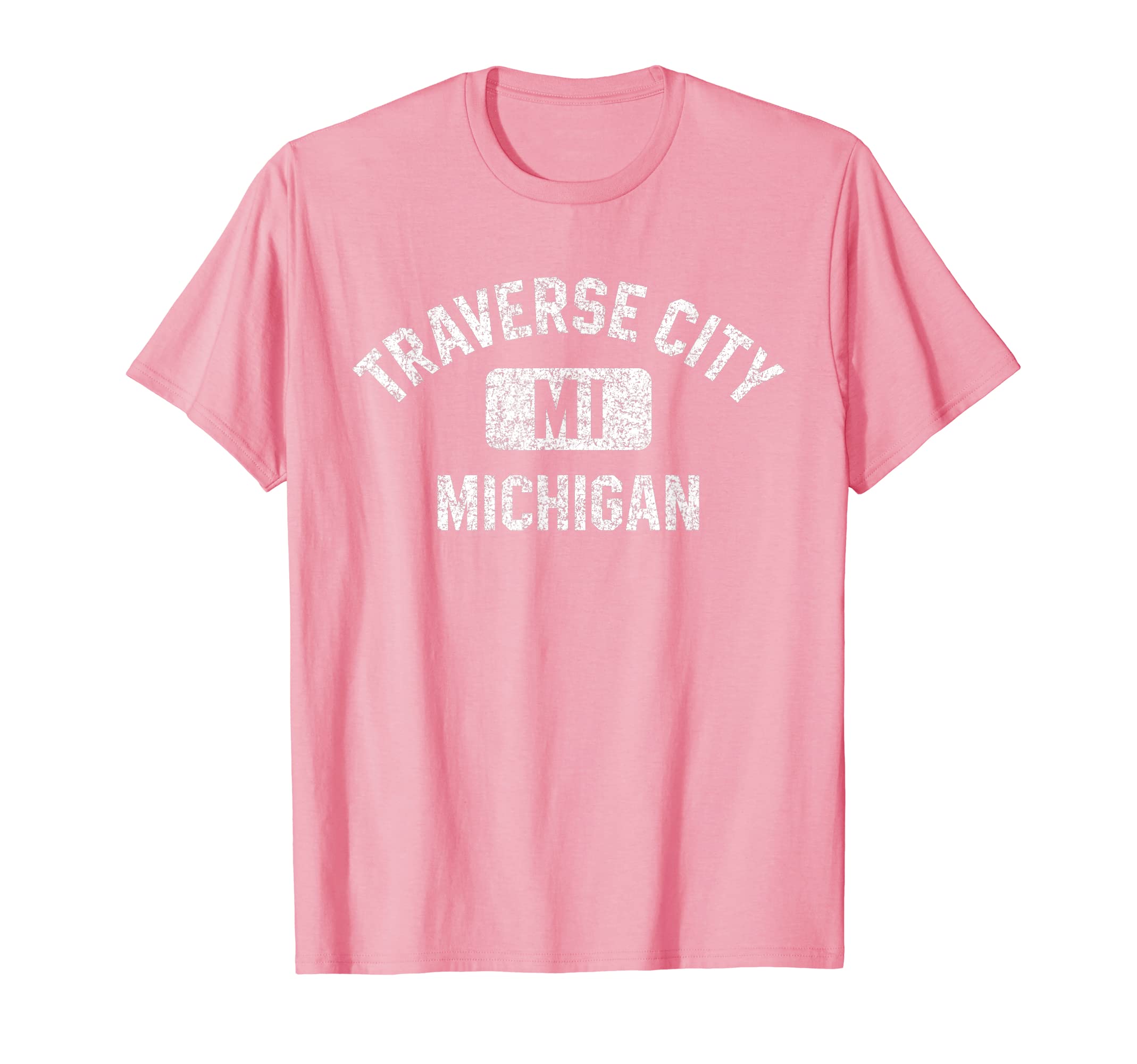 Traverse City MI Michigan Gym Pink w Distressed White Print T-Shirt