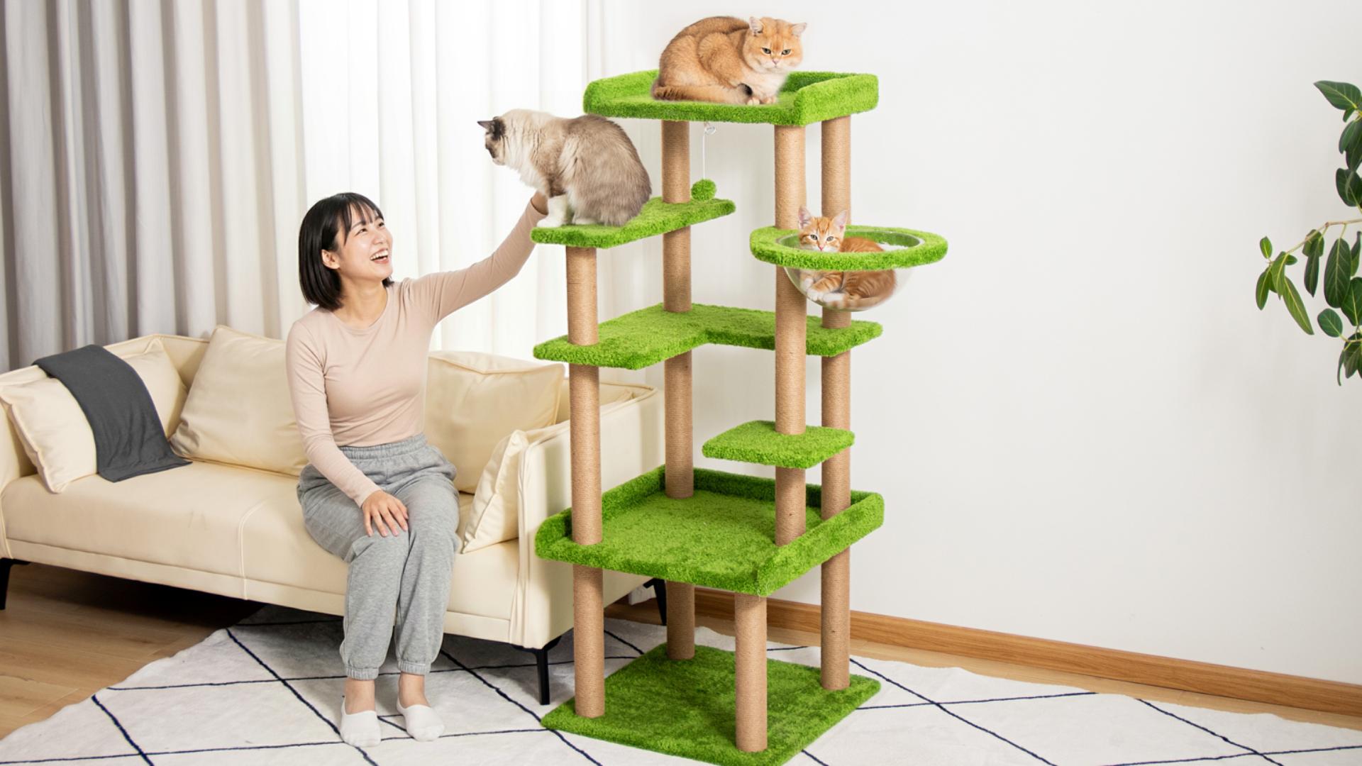 PETTIFUL　キャットタワー　グリーン　高さ148cm　全面クッション入り Amazon | キャットタワー 据え置き 贅沢仕様 全面クッション入り 高さ