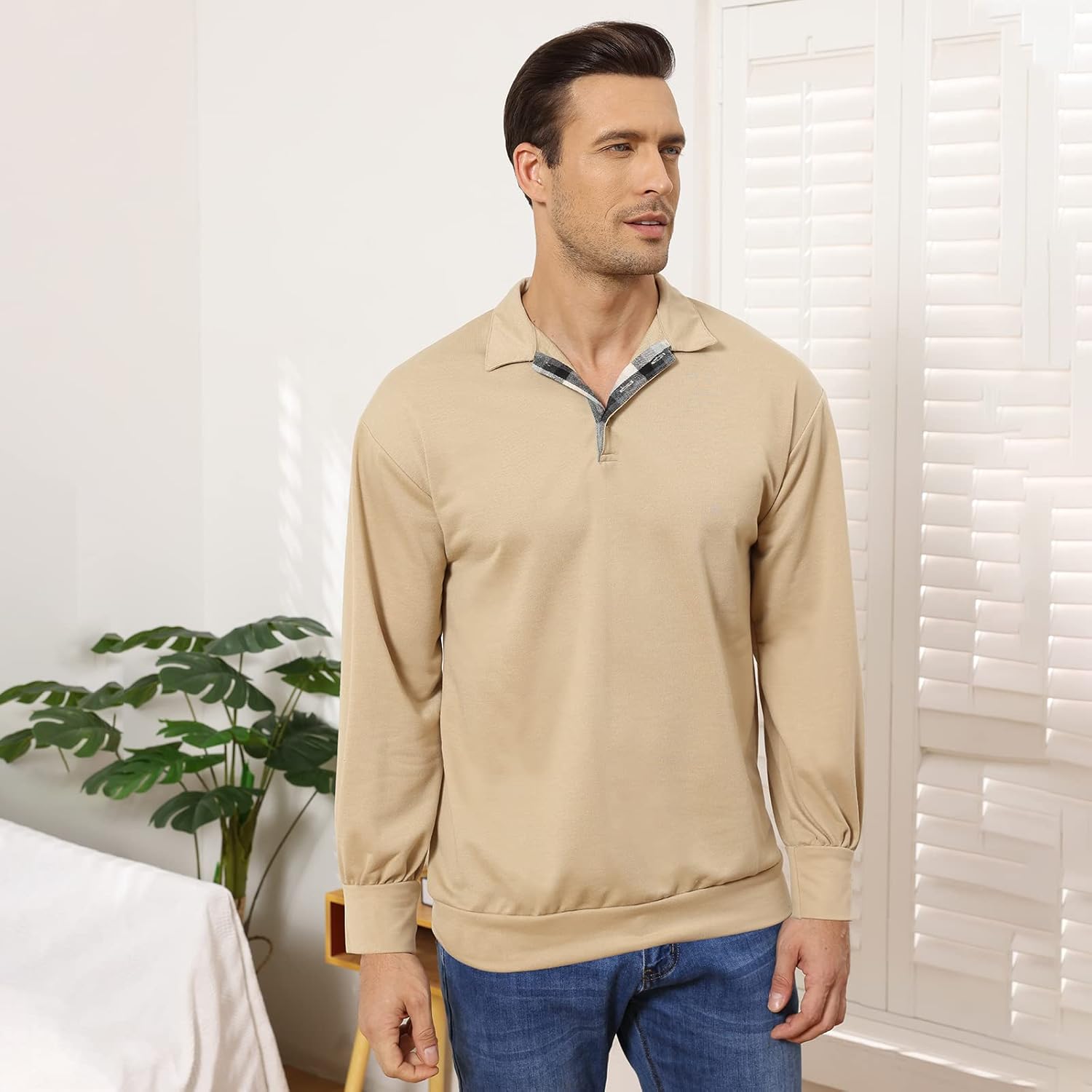 Opomelo Men's Long Sleeve Pullover Polo Shirts-Casual Loose Fit Sweatshirts V Neck Tops - Image 2